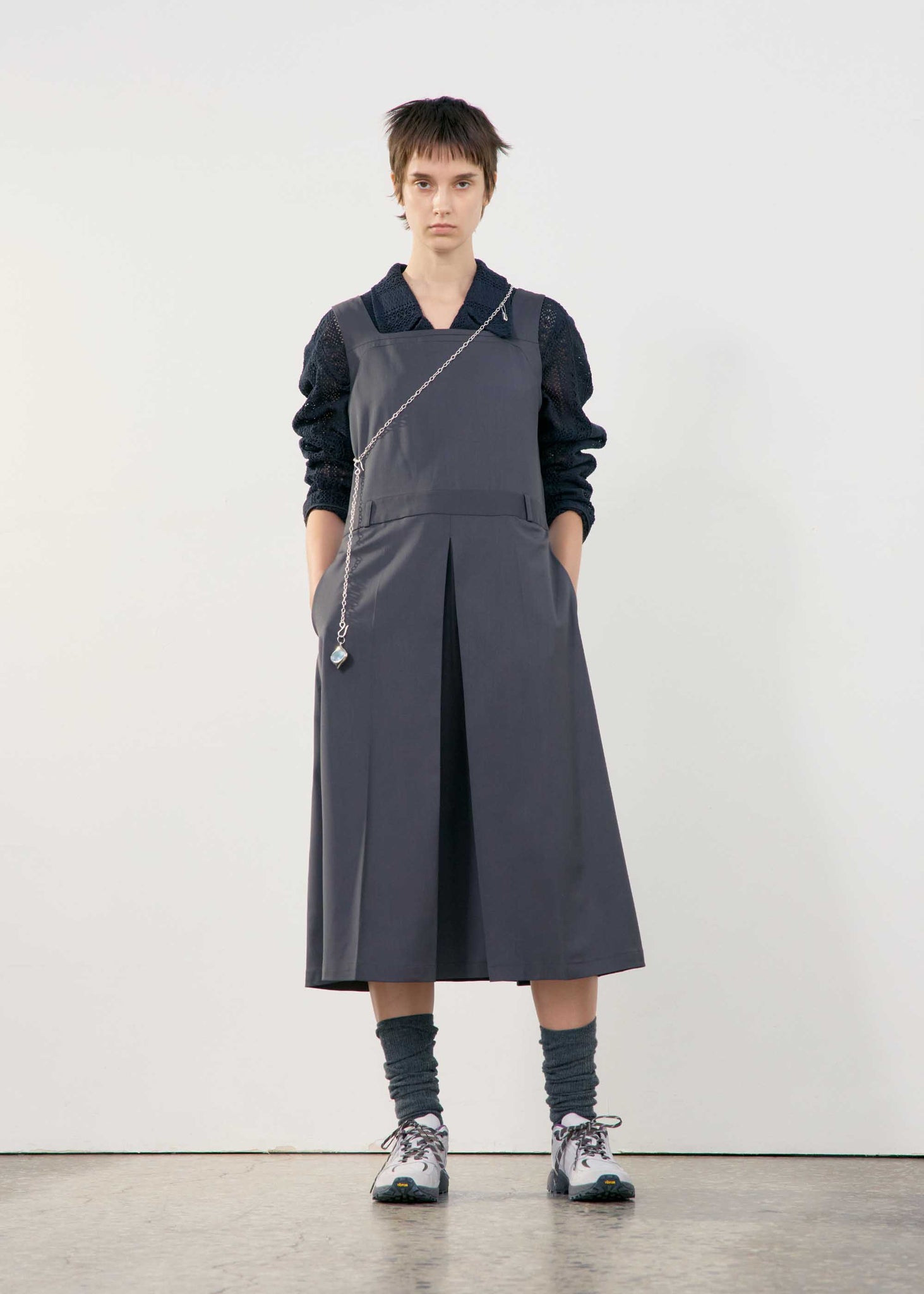 Charcoal Pleated Midi Apron Dress