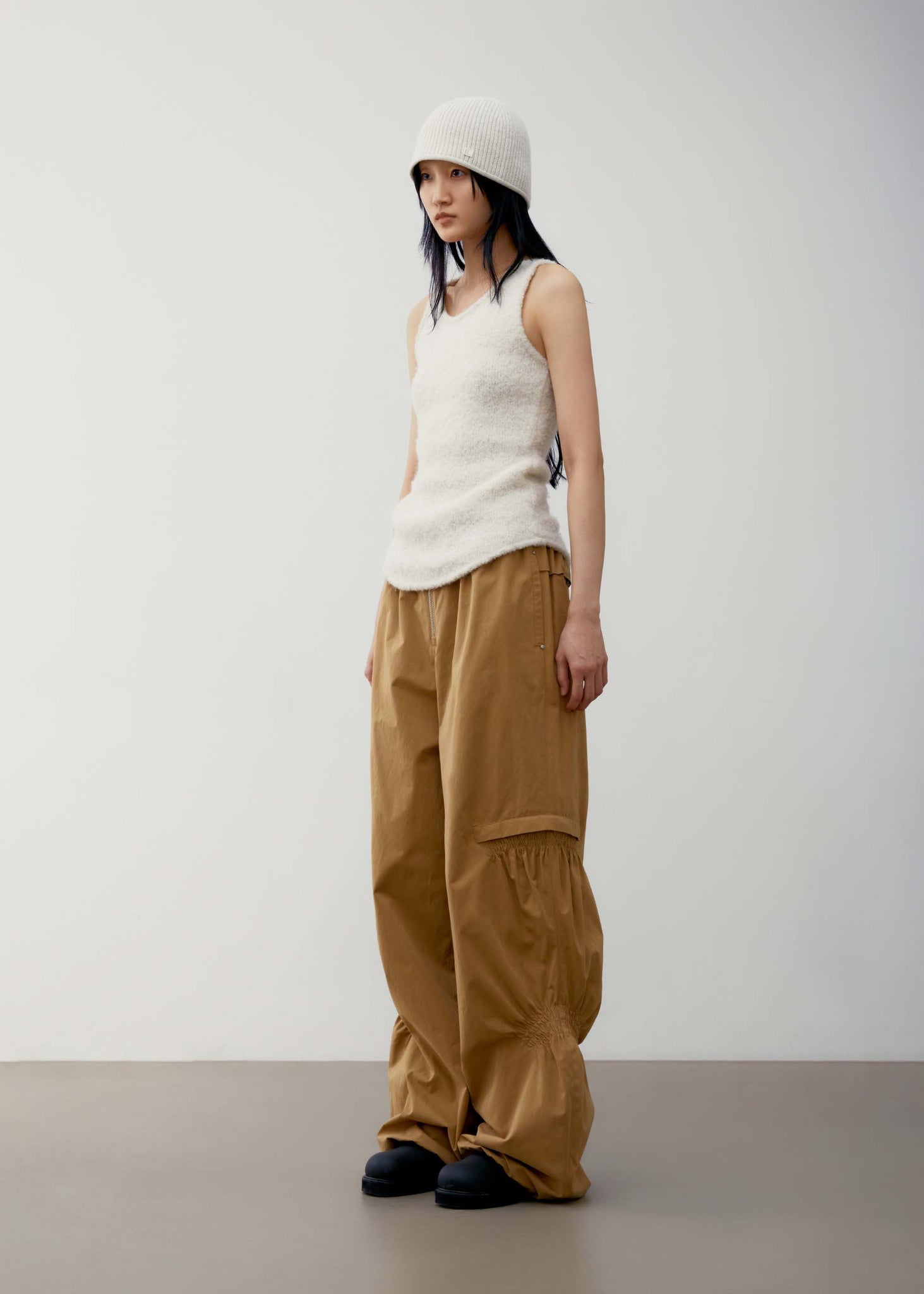 Beige Wide-Leg Shirred Pants