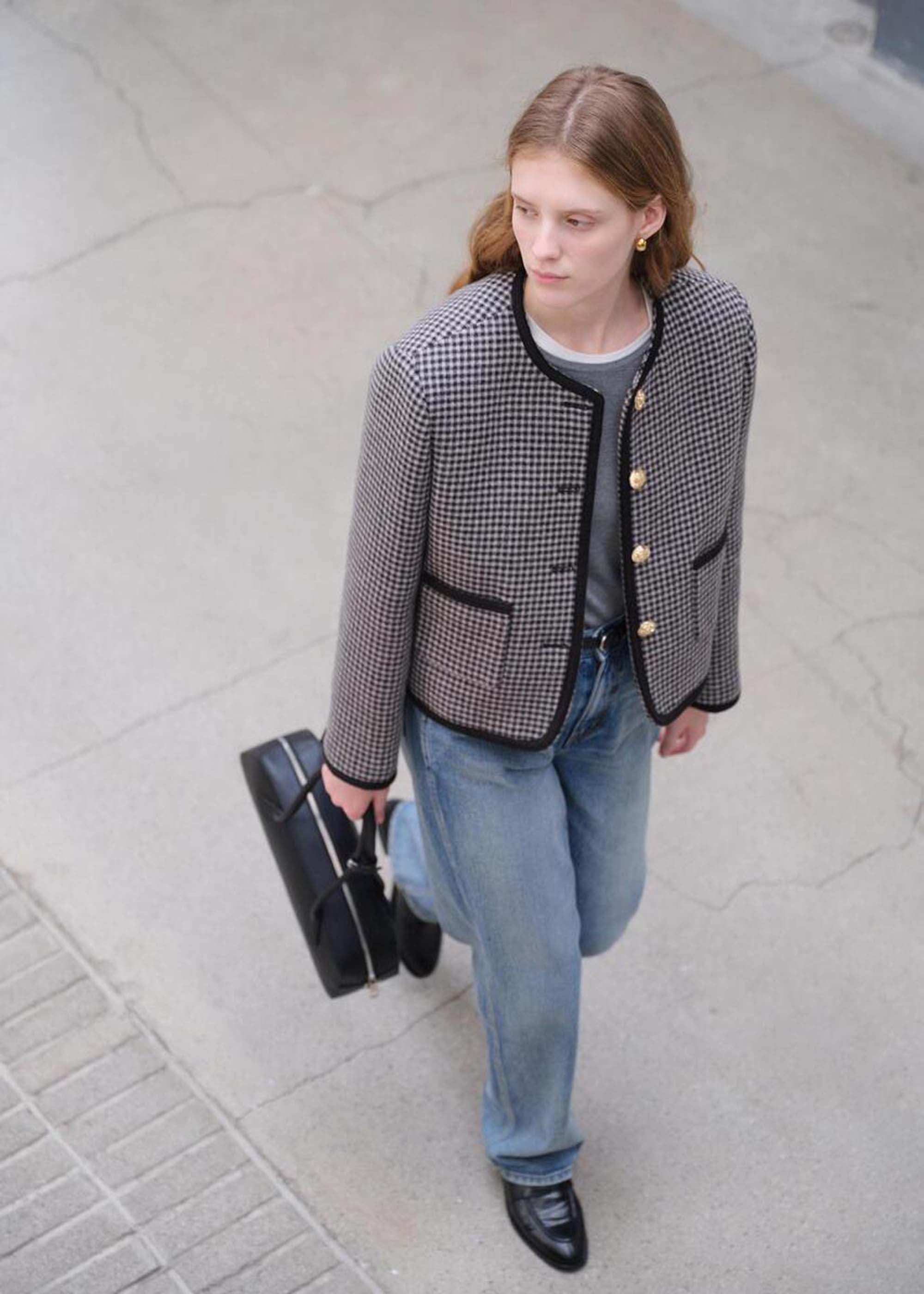 DUNST: Black and White Tweed Collarless Jacket | 157 Moments