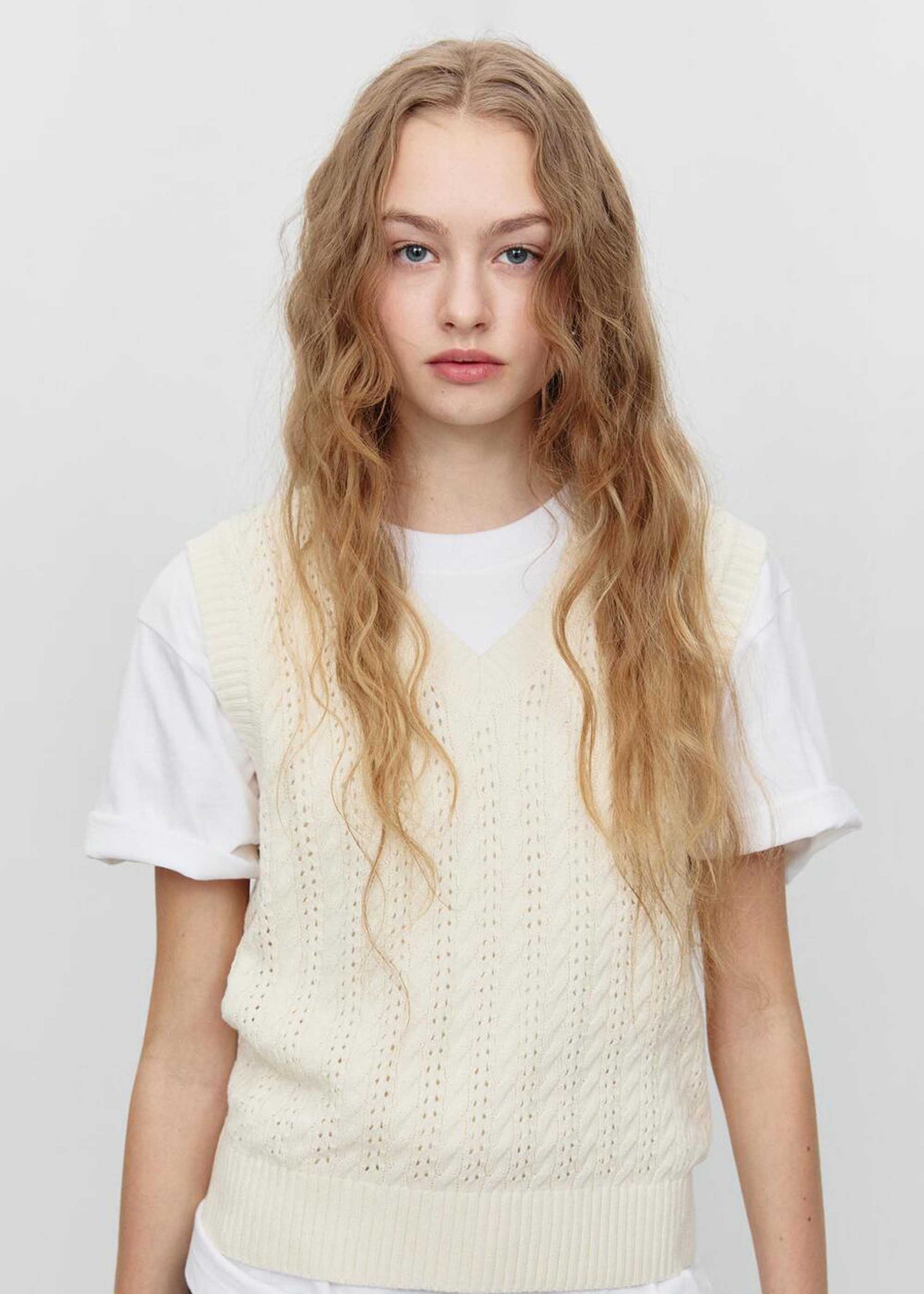 Beige Crochet-Knit V-Neck Vest