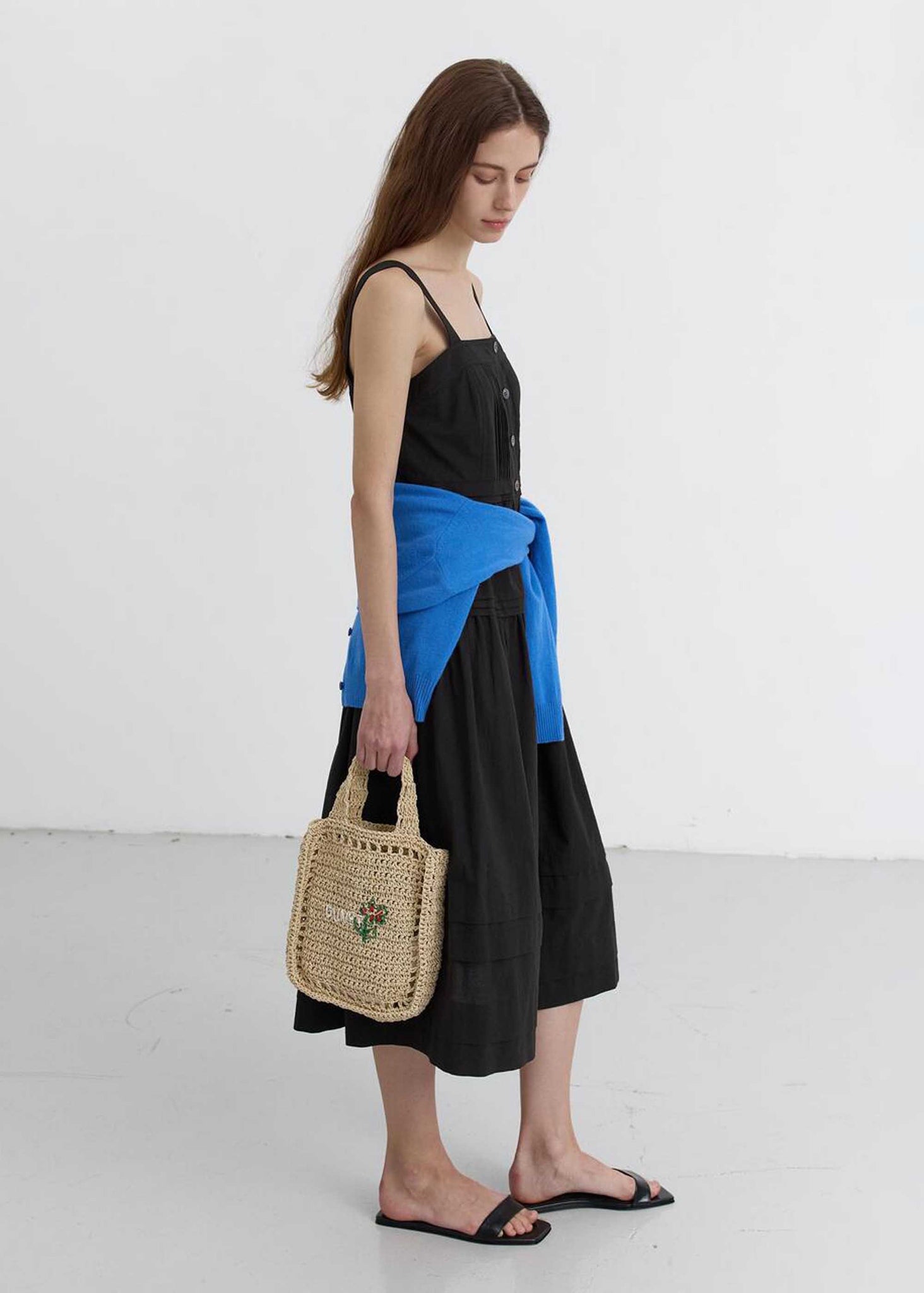 Black Square-Neck Buttoned Midi Dress