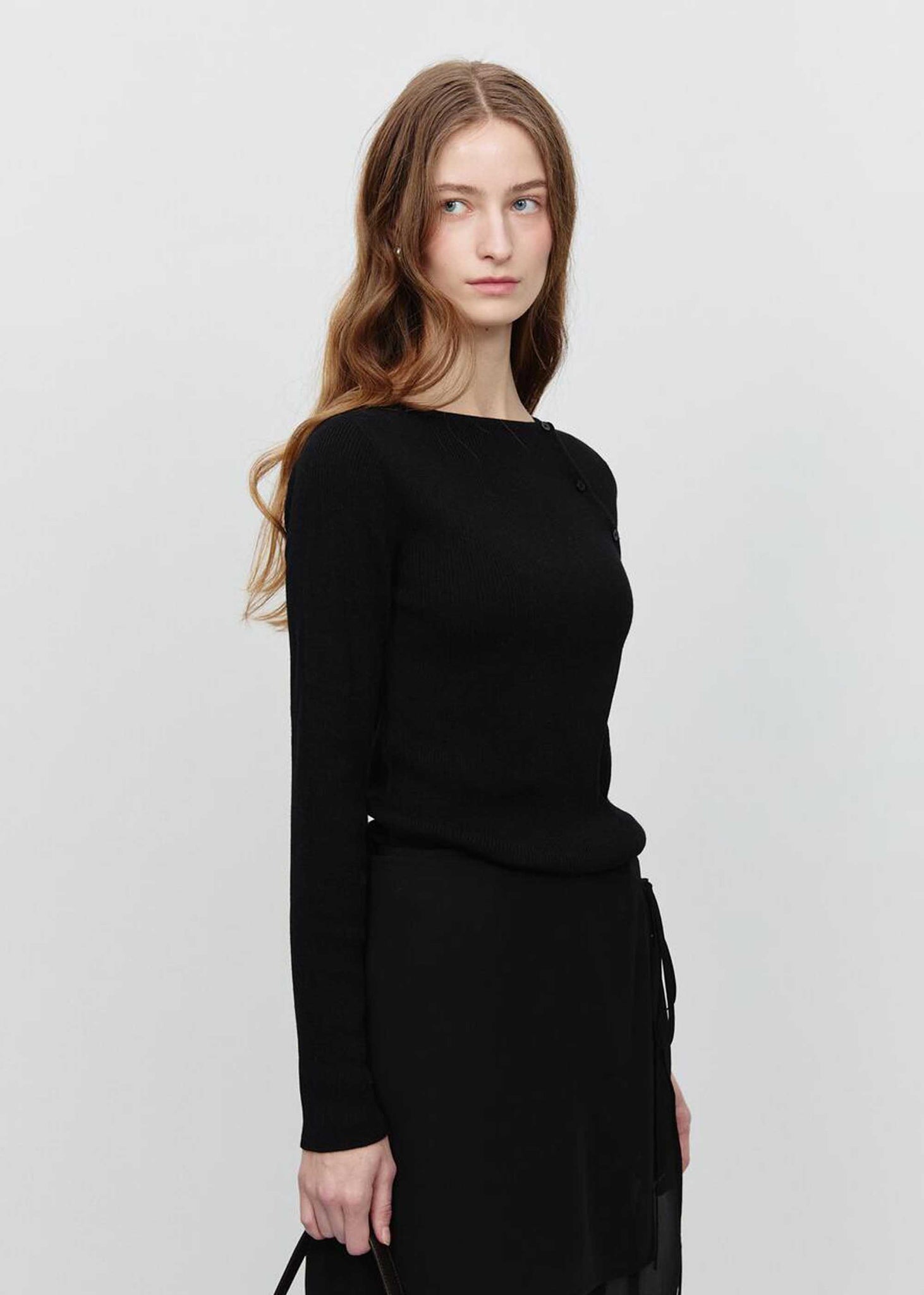 Black Asymmetric Buttoned Knit Top