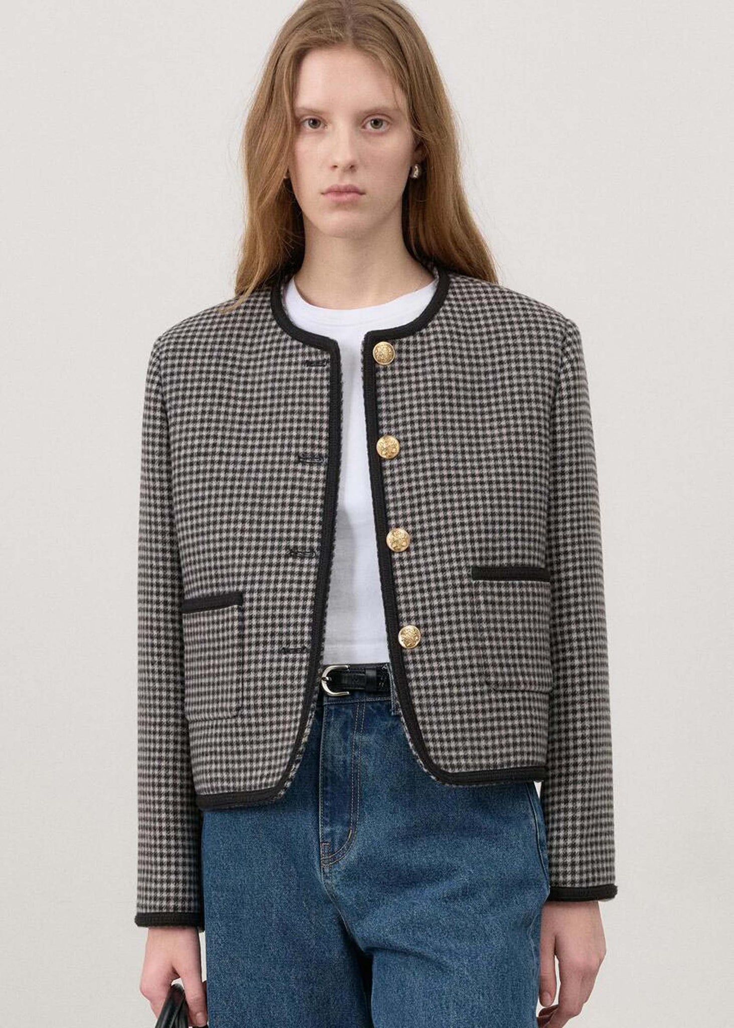 Black and White Tweed Collarless Jacket