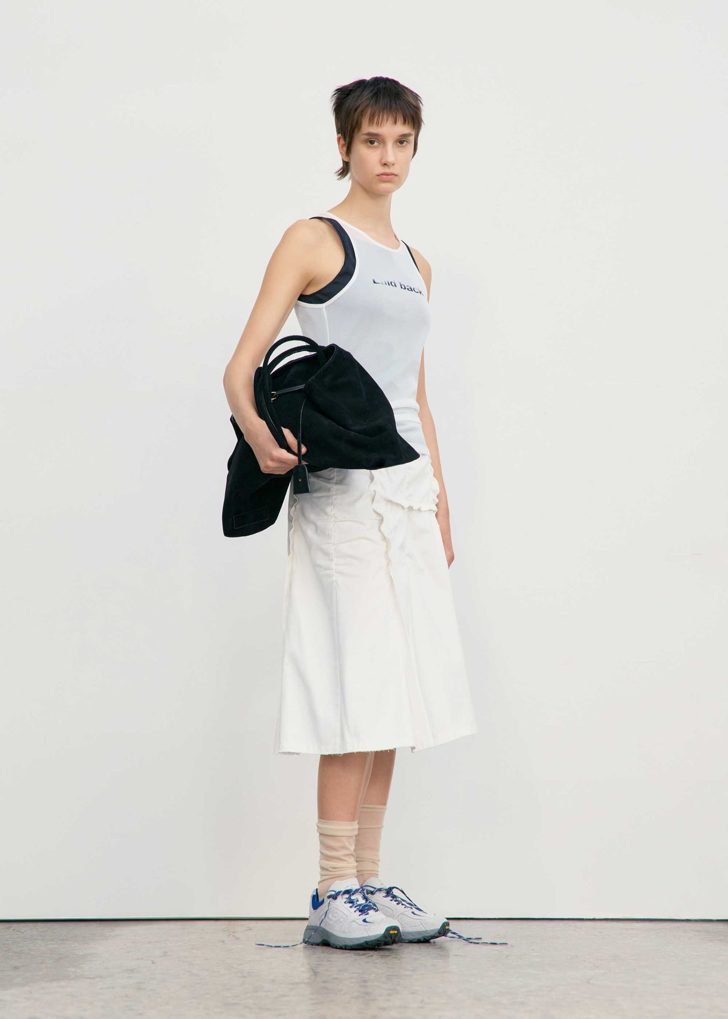 White Asymmetric Wrinkle Midi Skirt