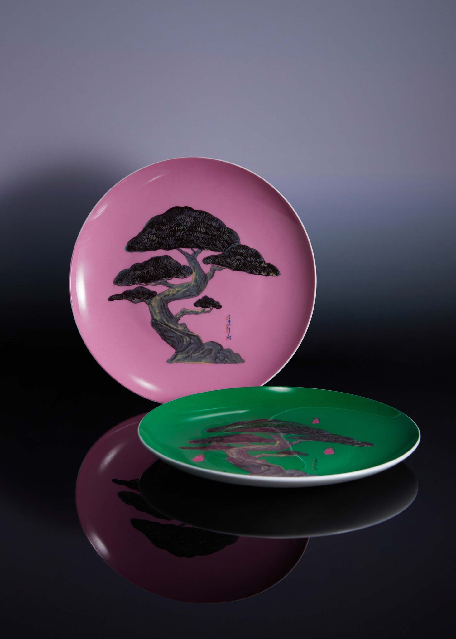Pink and Green Cypress Plate Set of 2