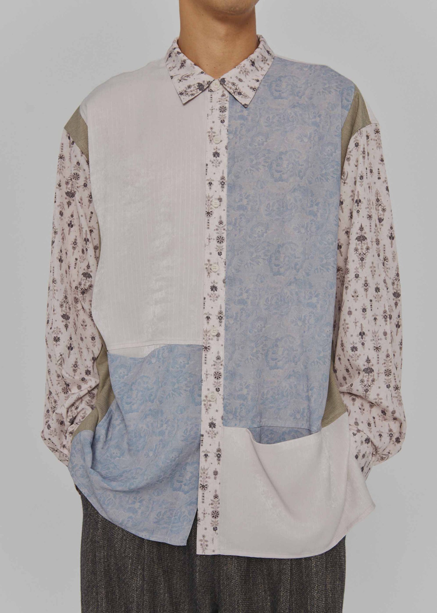 Blue and White Patchwork Button-Up