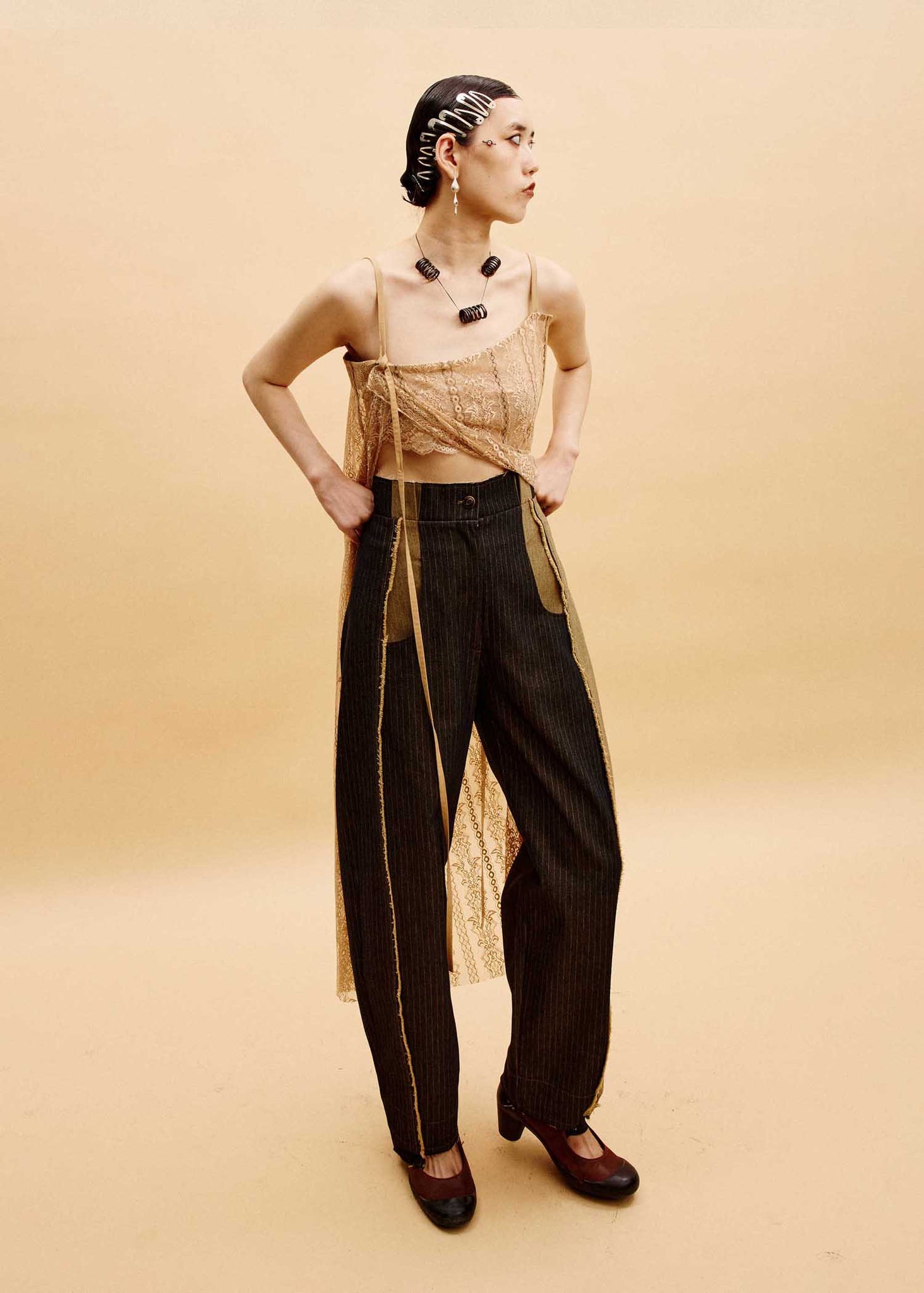 Brown and Beige Panelled Pinstripe Patch Trousers