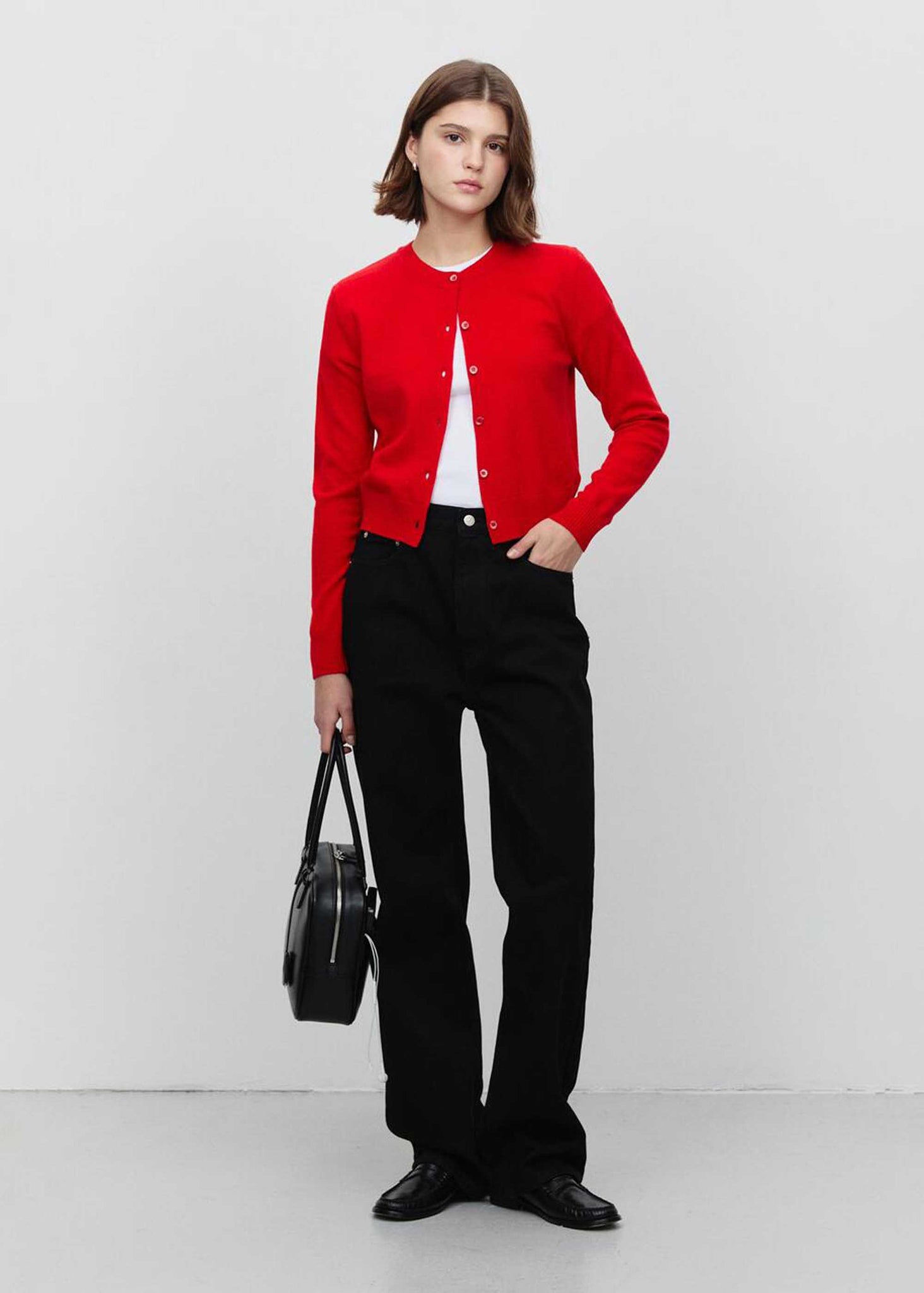 Red Round-Neck Wool Cardigan