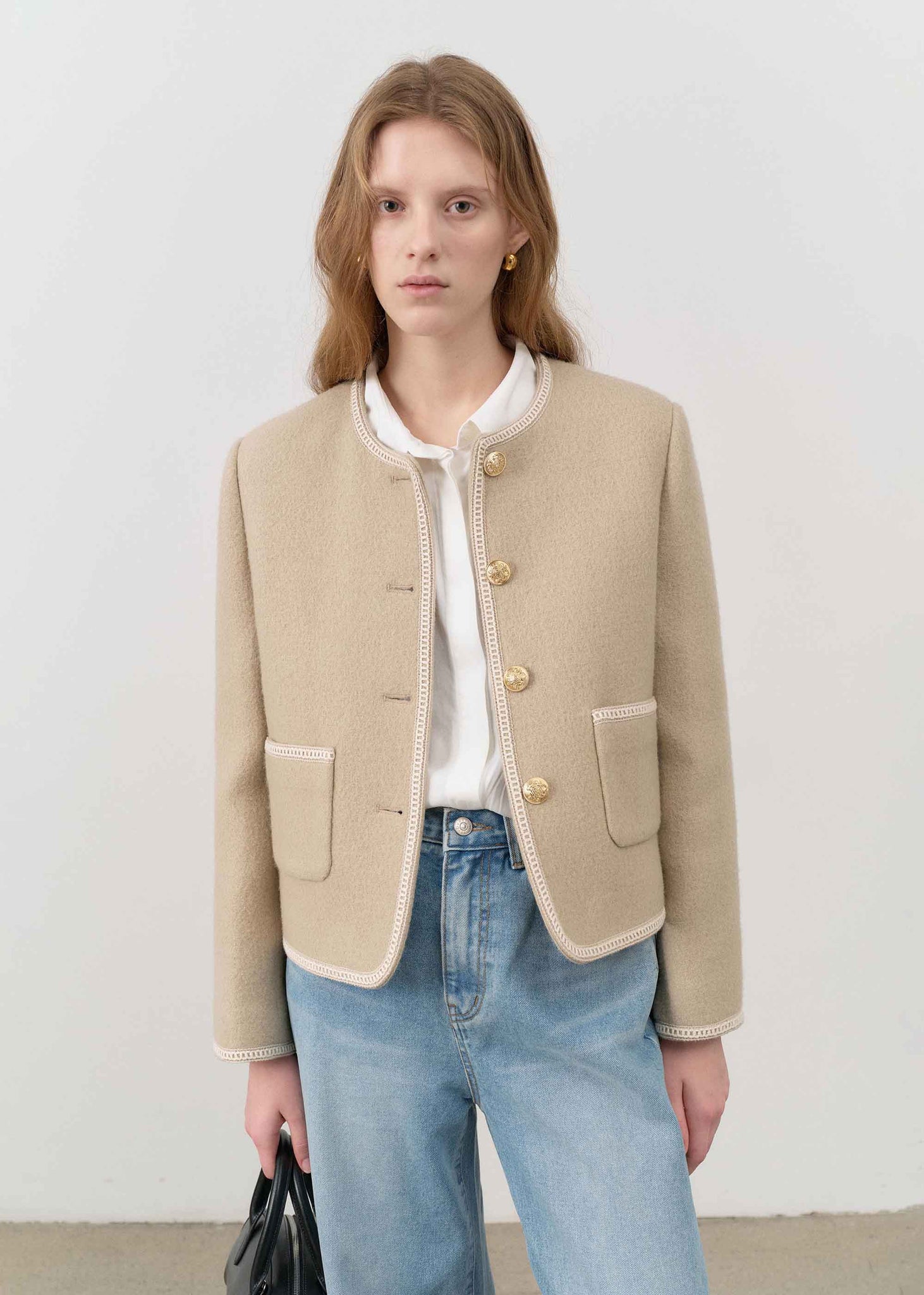 Cream Boucle Tweed Collarless Jacket