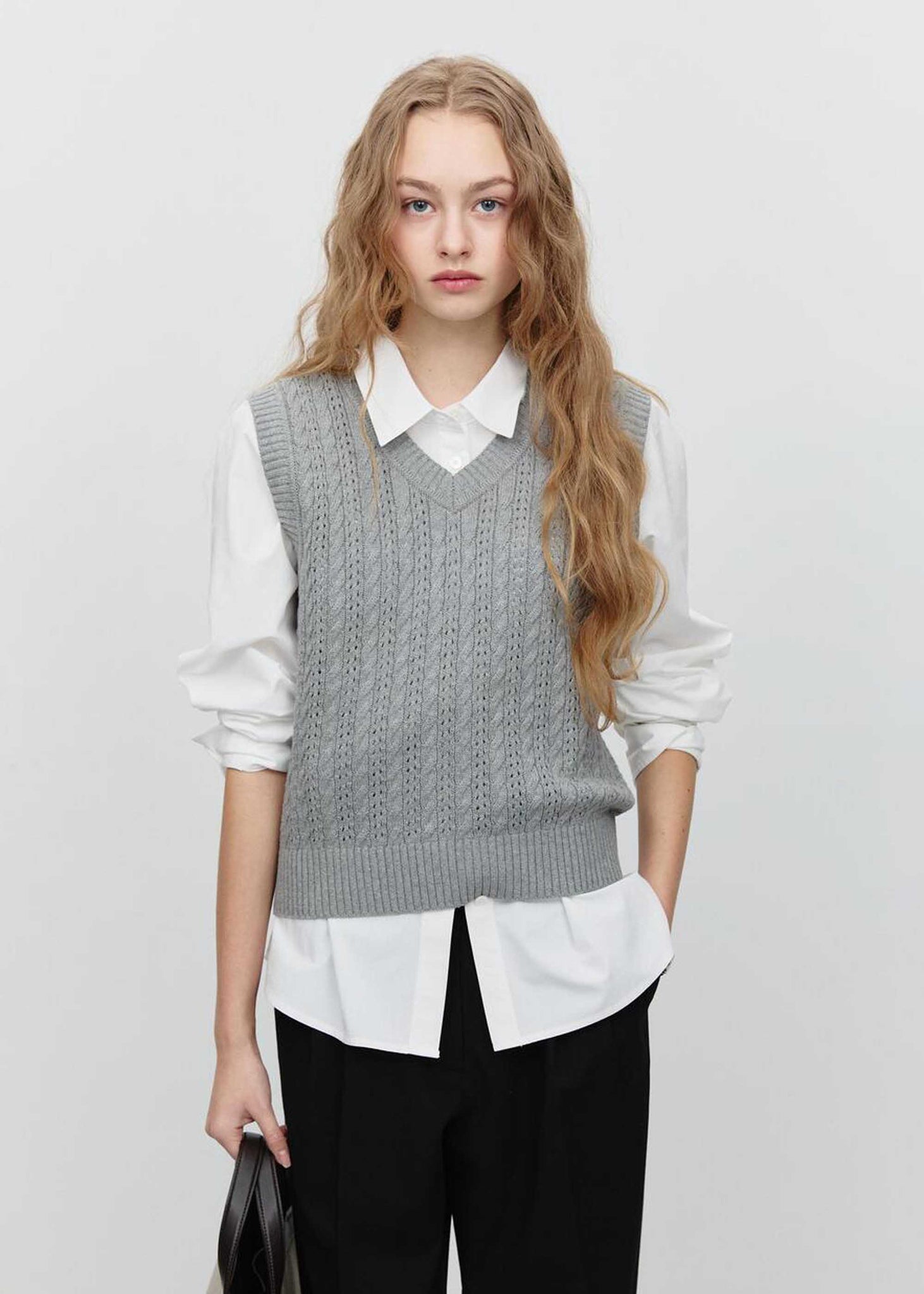 Grey Crochet-Knit V-Neck Vest