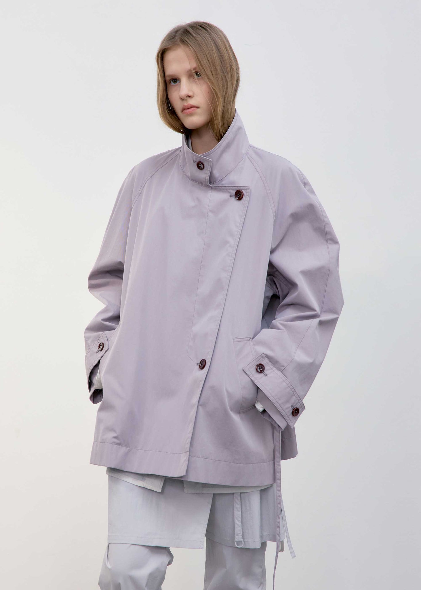 Light Purple Stand Collar Half Trench Coat