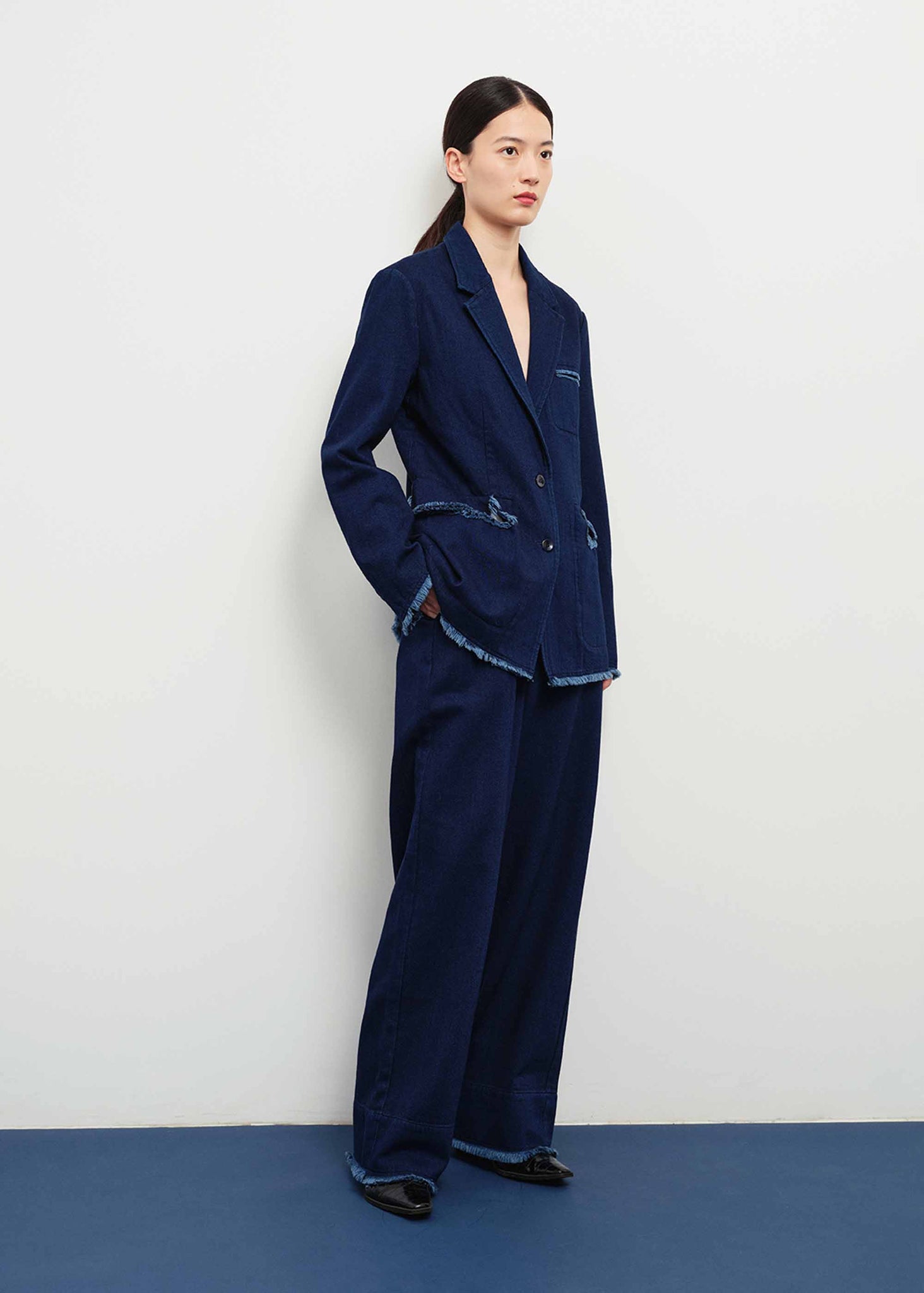 Navy Frayed Wool Blend Trousers