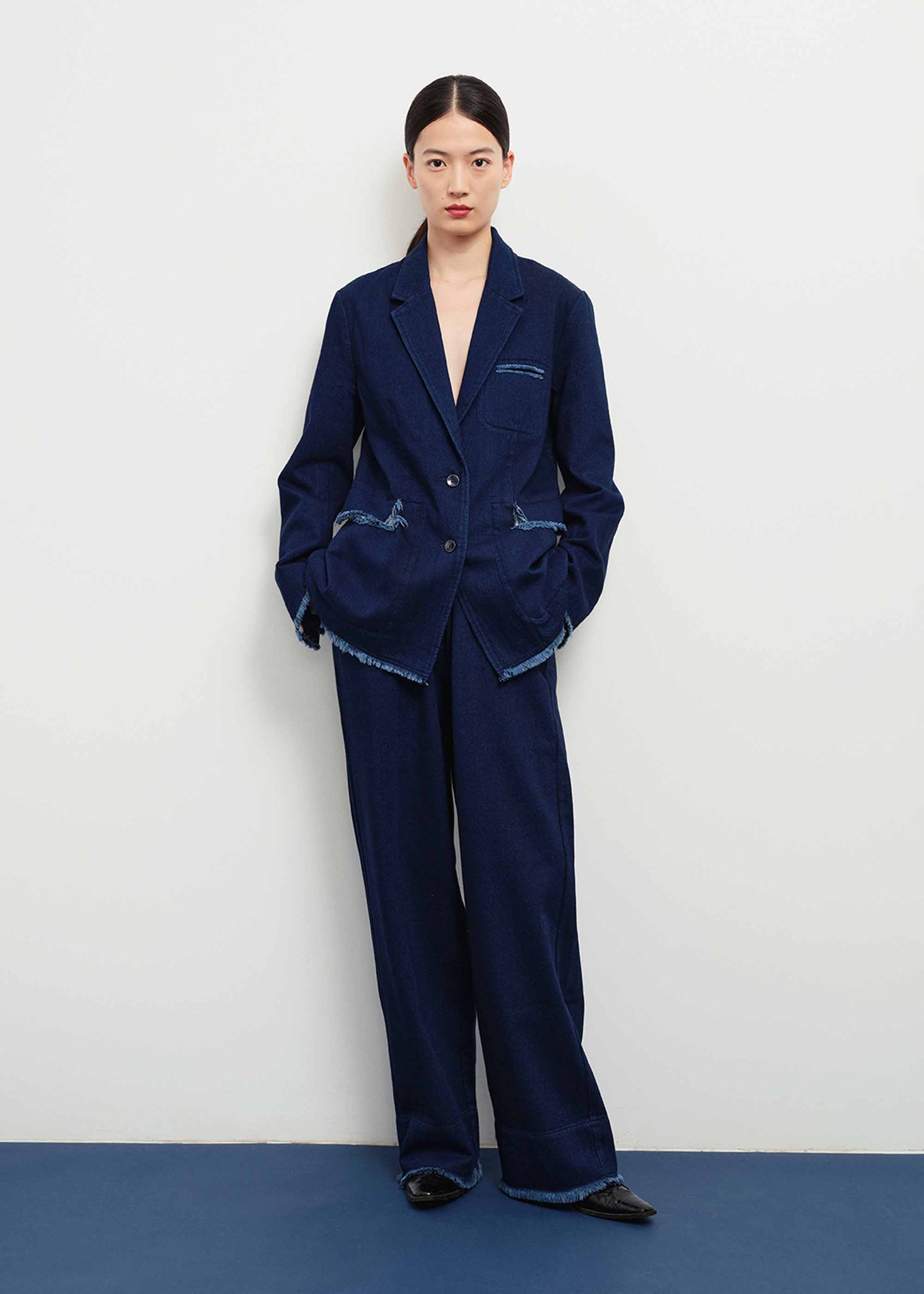 Navy Frayed Wool Blend Trousers