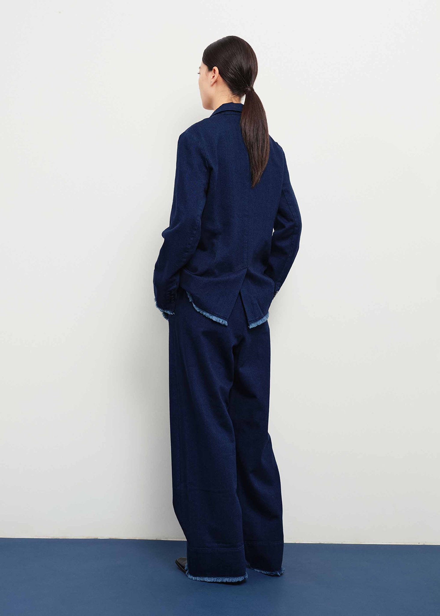 Navy Frayed Wool Blend Trousers