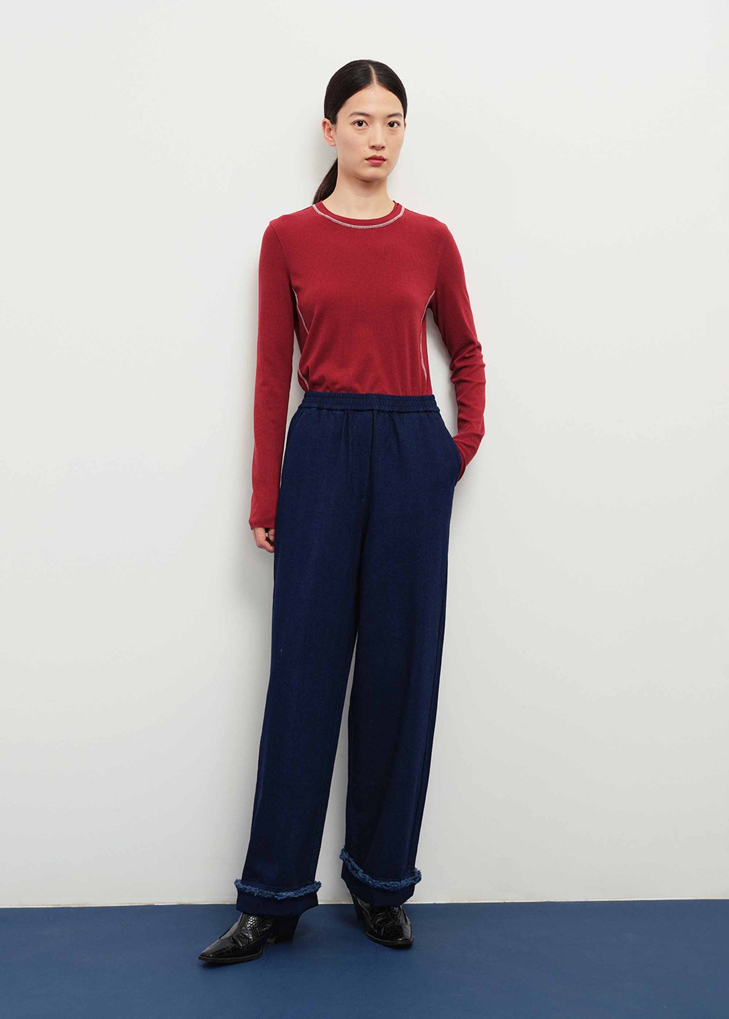 Navy Frayed Wool Blend Trousers