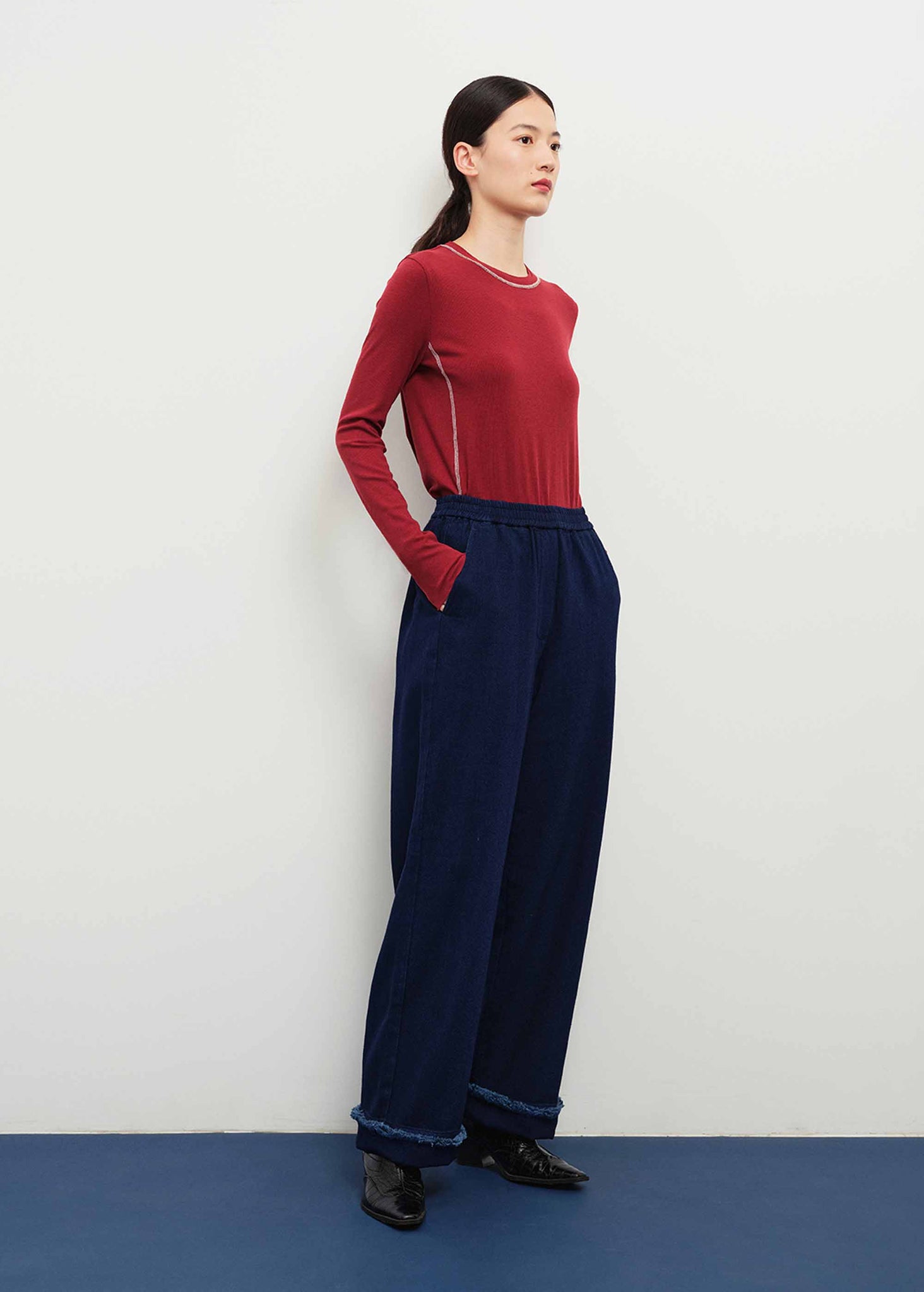 Navy Frayed Wool Blend Trousers