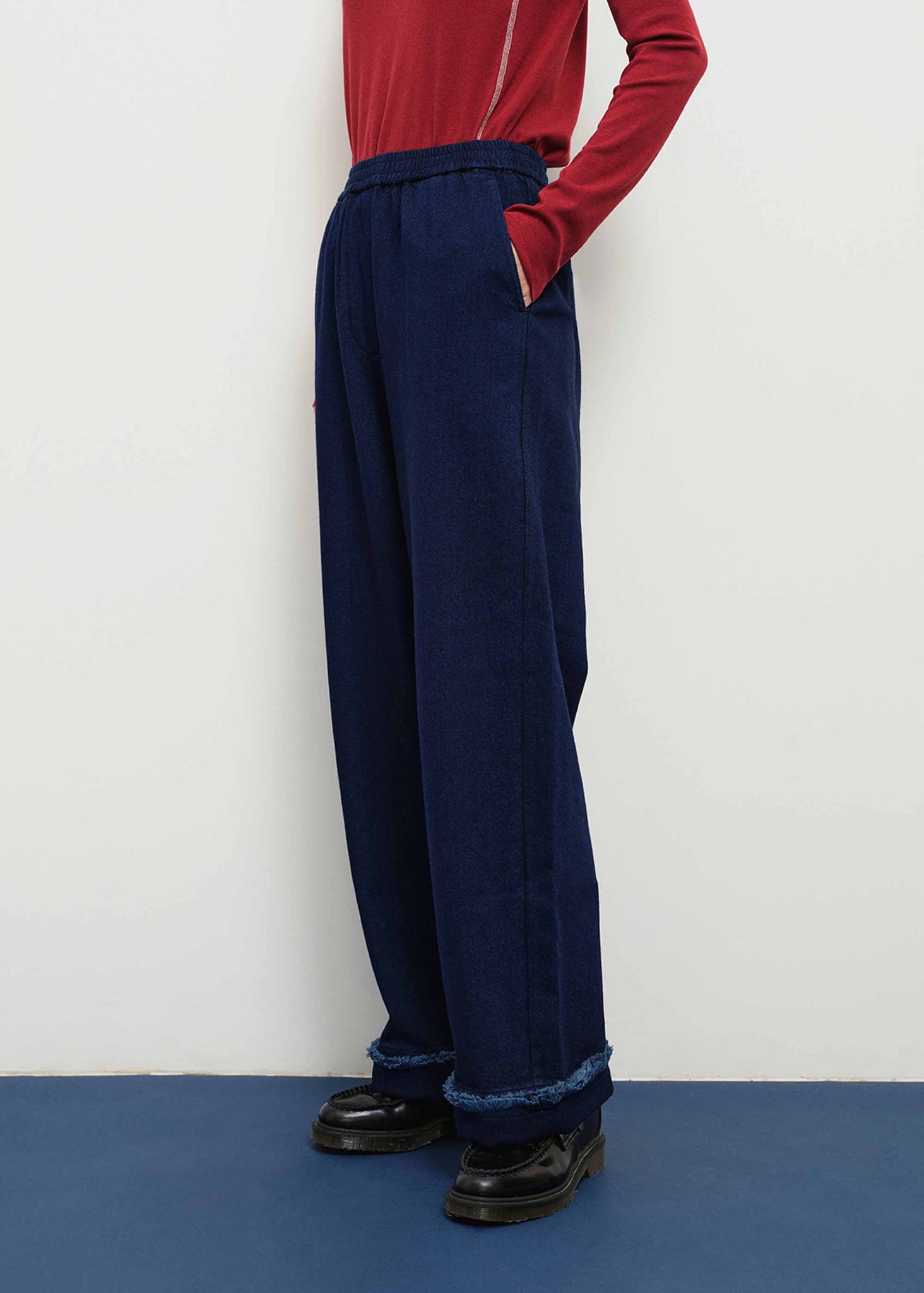 Navy Frayed Wool Blend Trousers