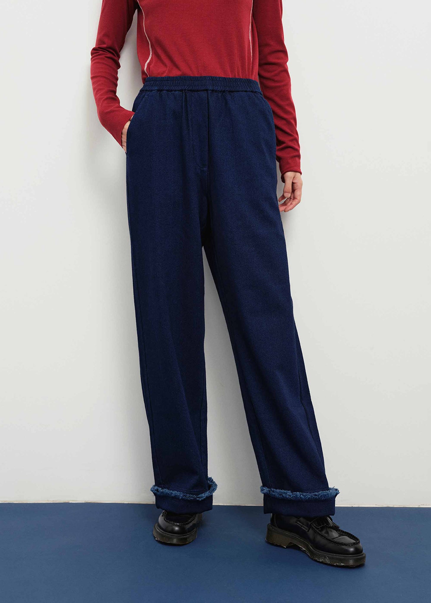 Navy Frayed Wool Blend Trousers