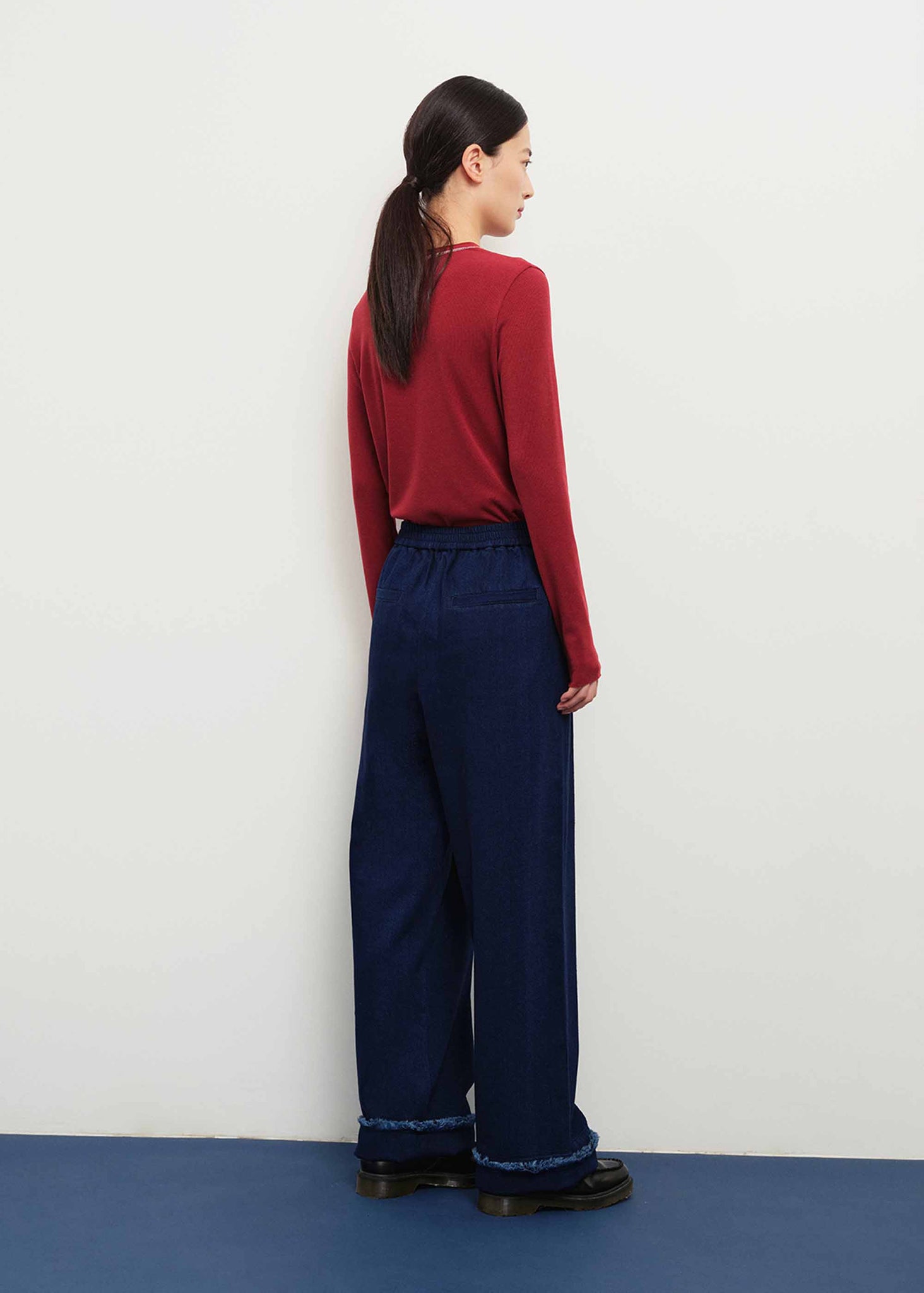 Navy Frayed Wool Blend Trousers