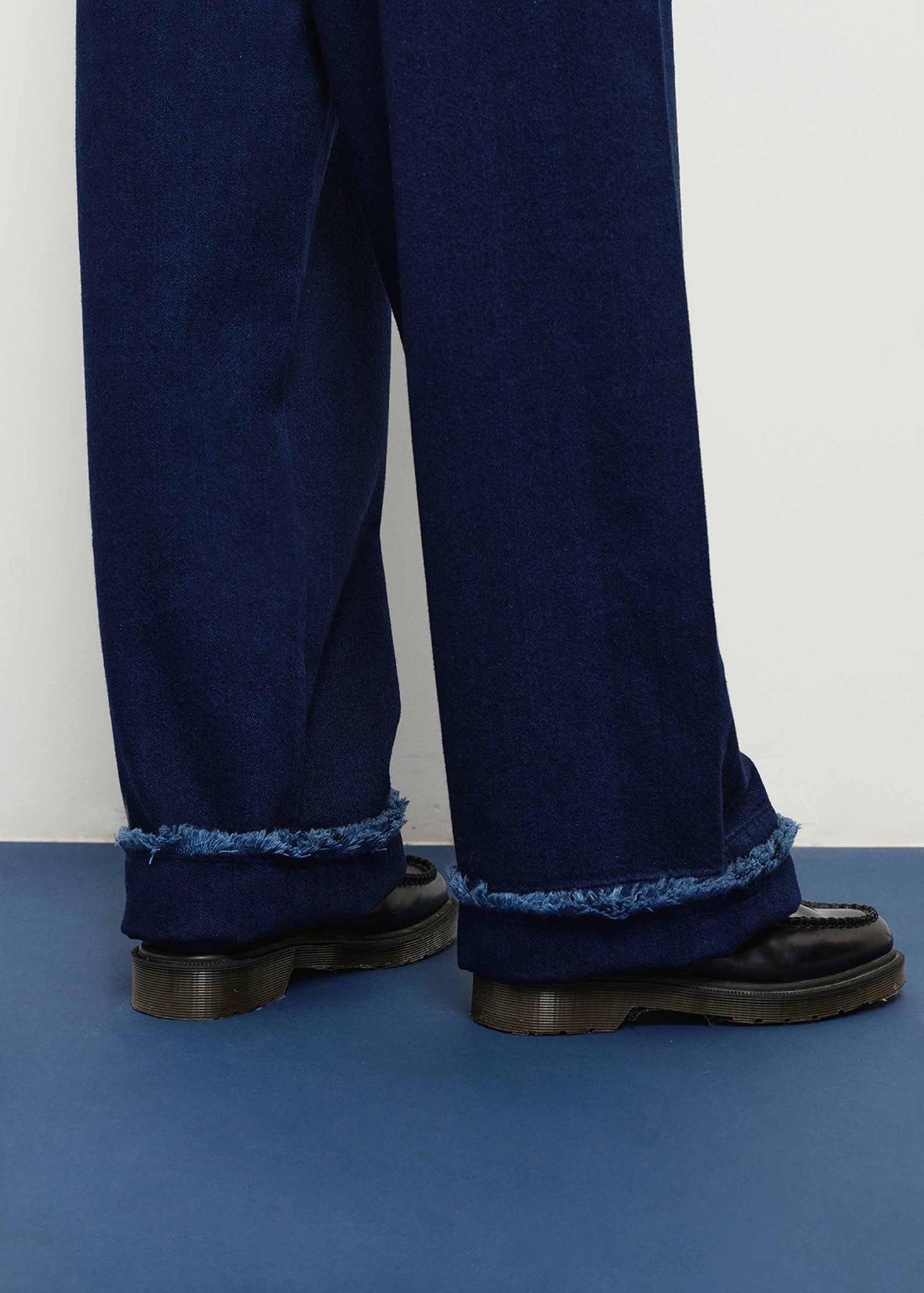 Navy Frayed Wool Blend Trousers