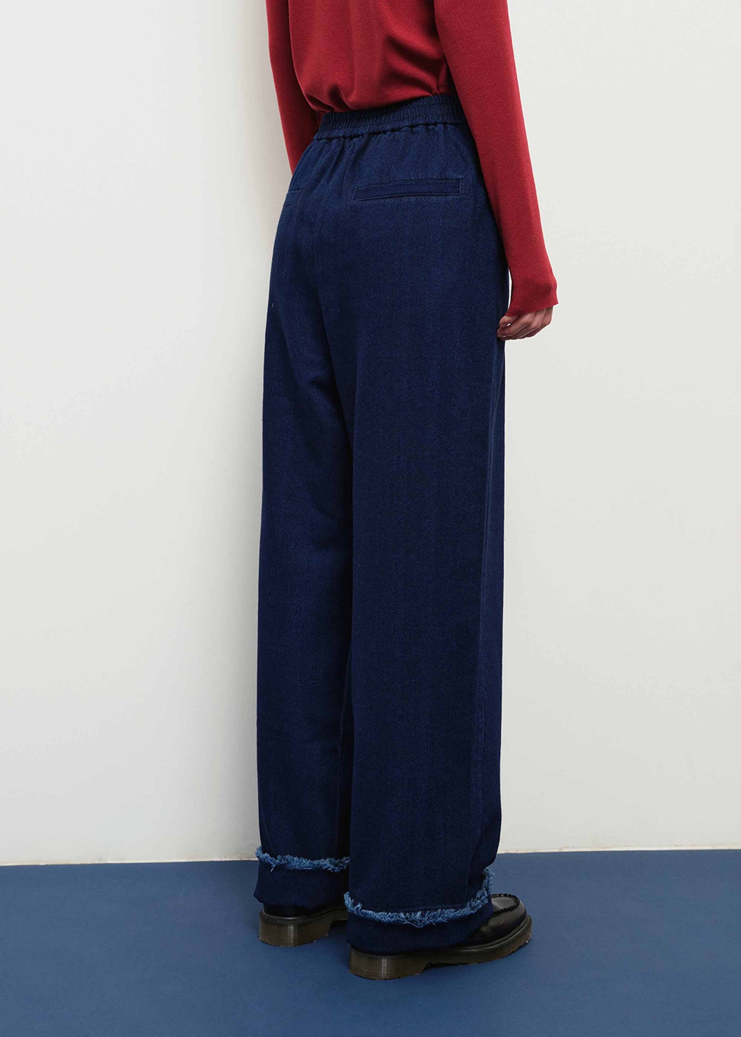 Navy Frayed Wool Blend Trousers