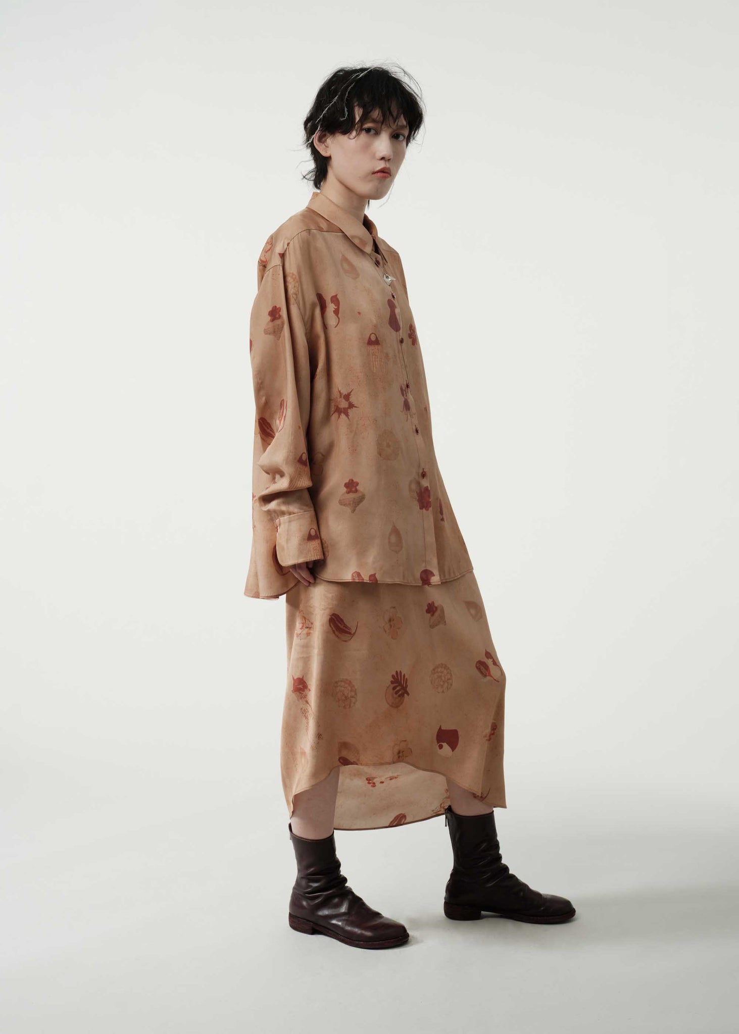 Tan Printed Oversized Silk Shirt