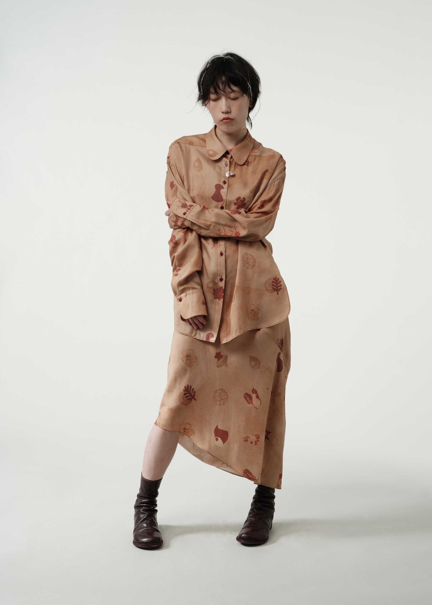 Tan Printed Oversized Silk Shirt