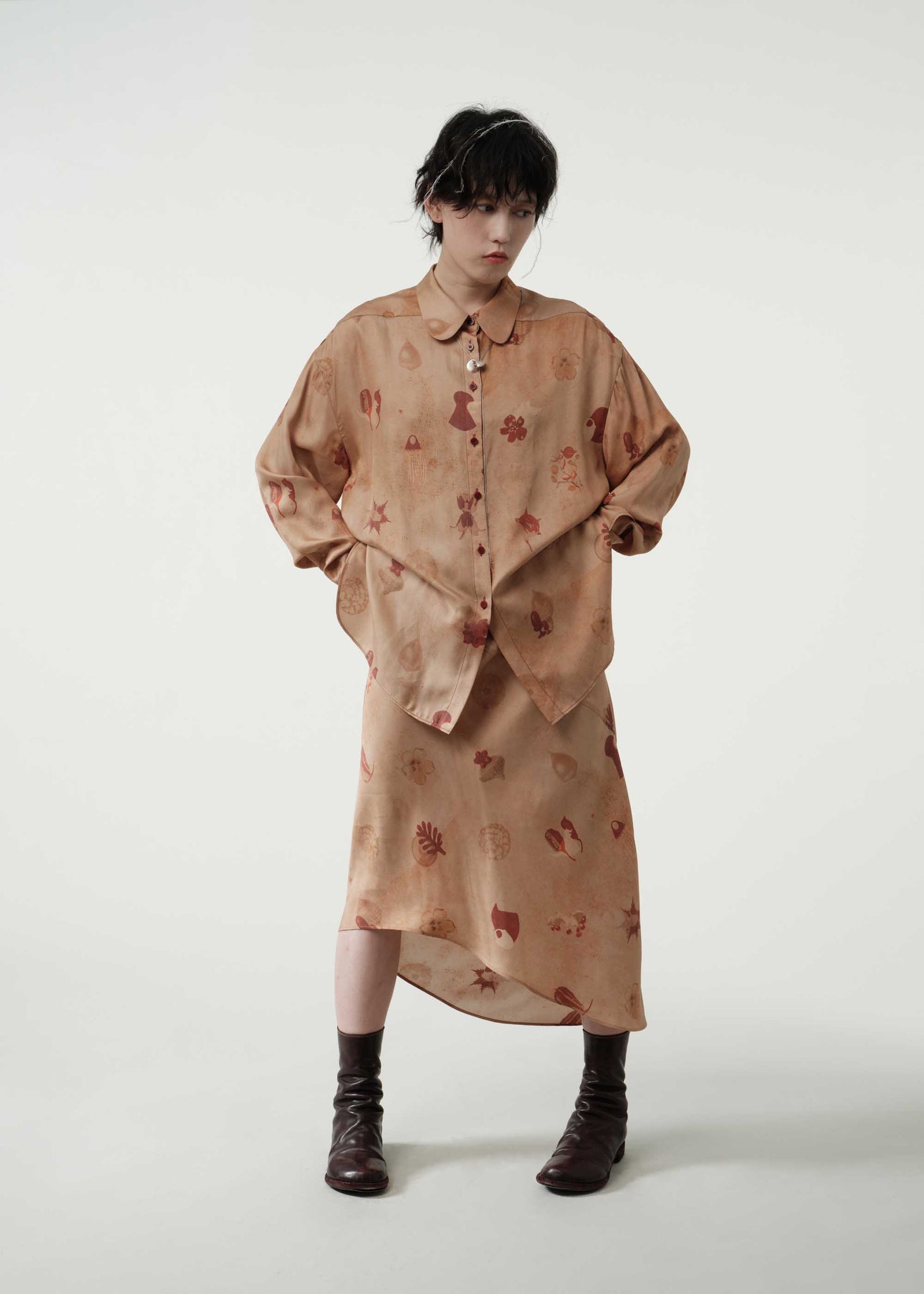 Tan Printed Oversized Silk Shirt