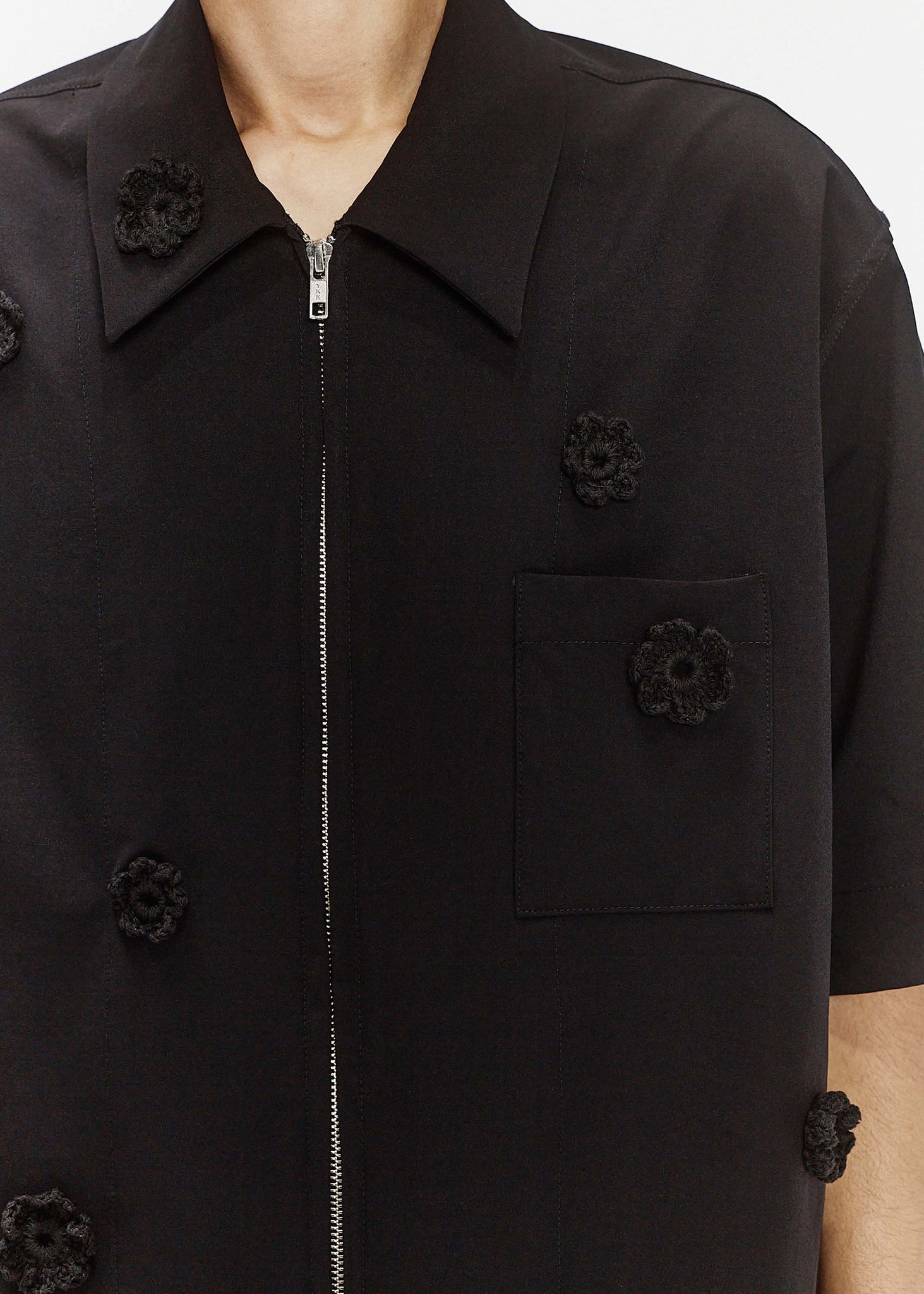 Black Crochet Shortsleeve Zip-up Shirt