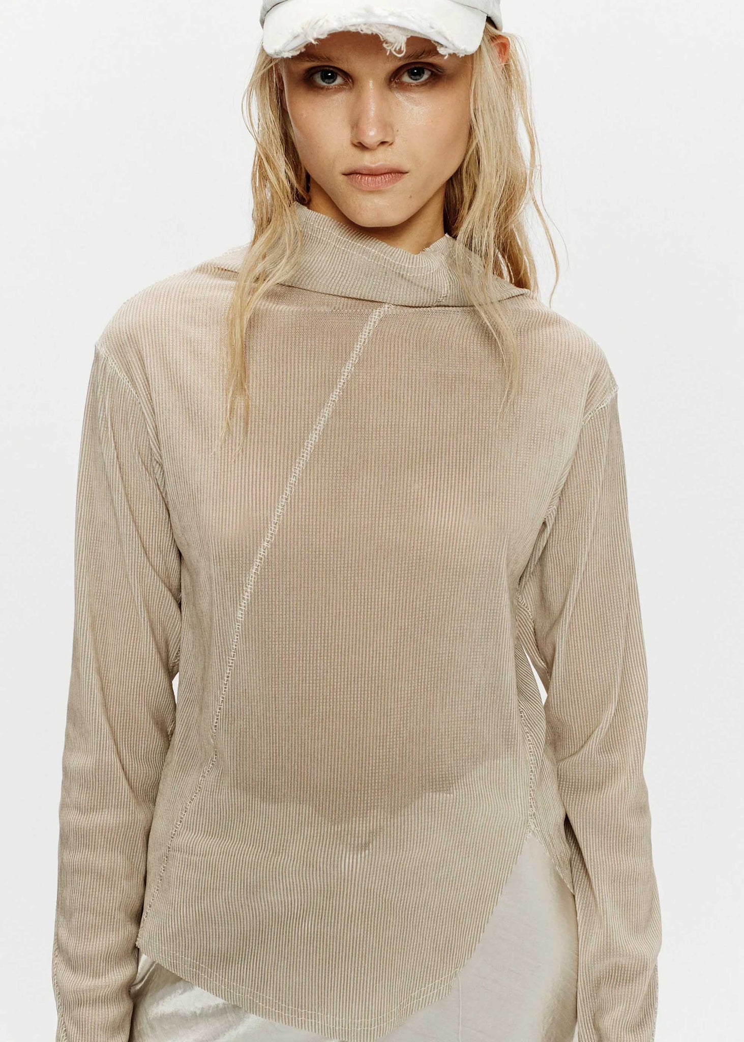 Beige Asymmetric Mock Neck Longsleeve