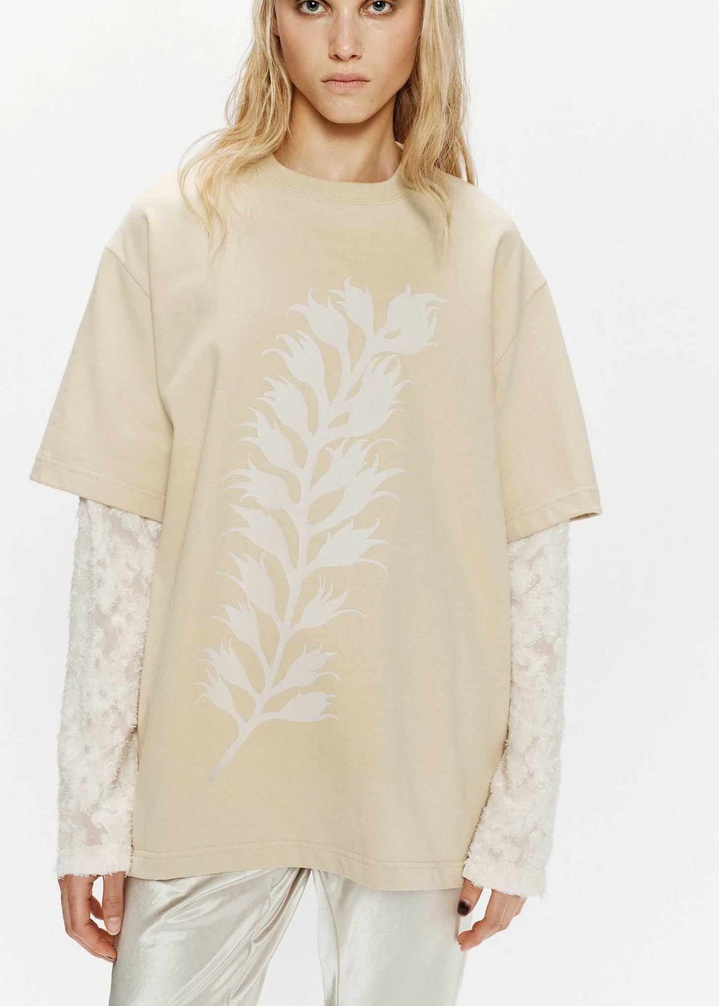 Beige Fern Print Layered T-Shirt