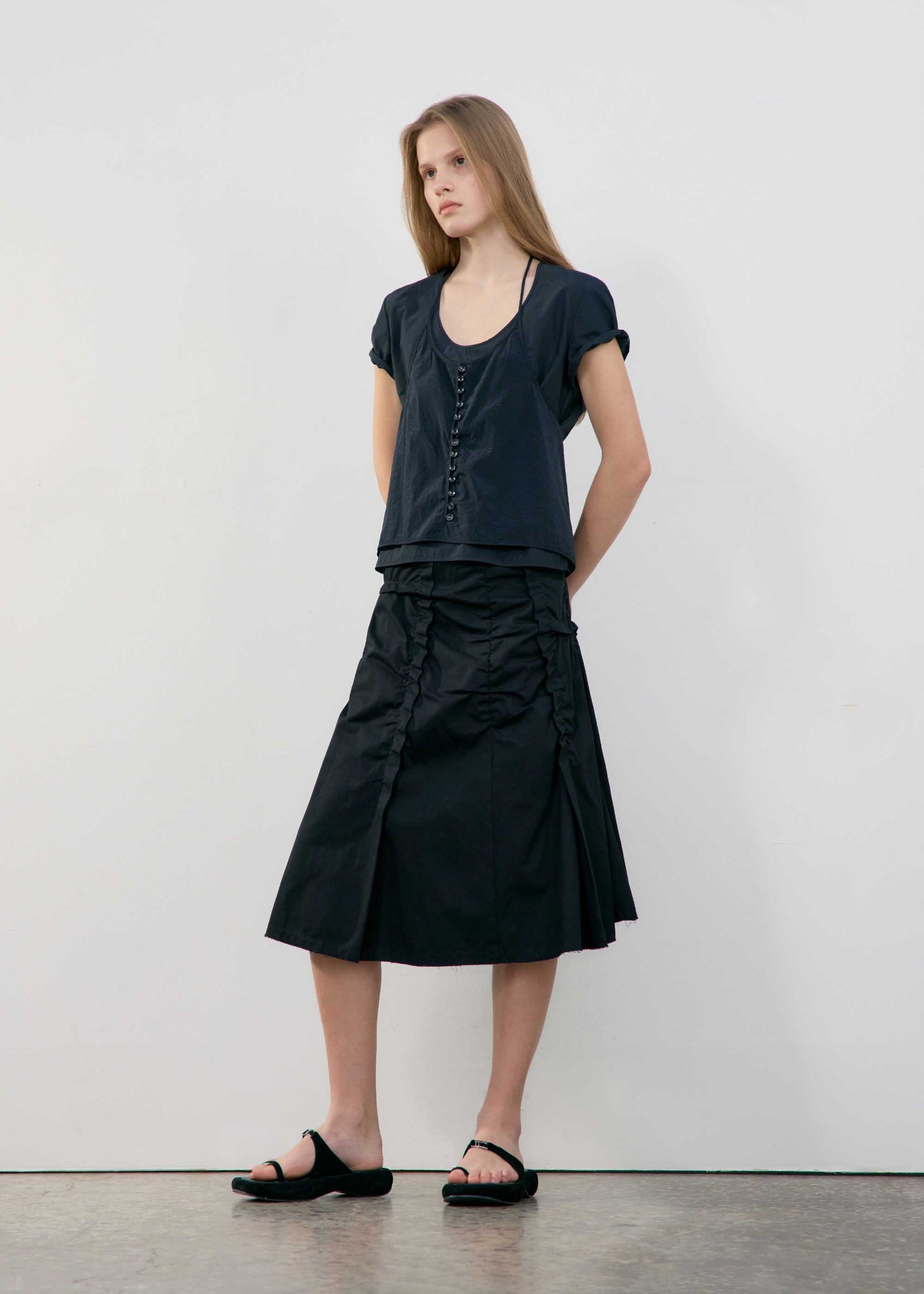 Black Asymmetric Wrinkle Midi Skirt
