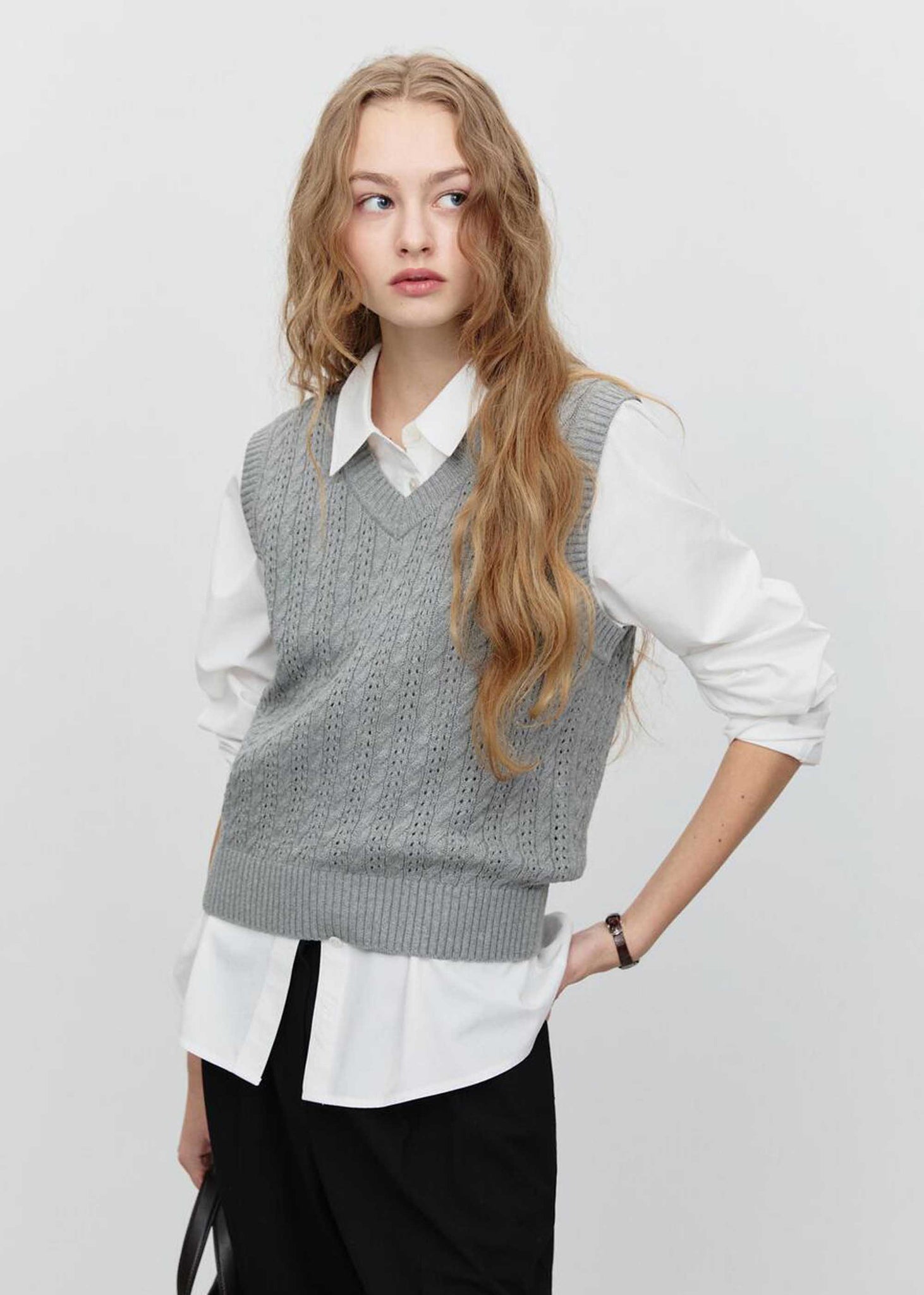 Grey Crochet-Knit V-Neck Vest