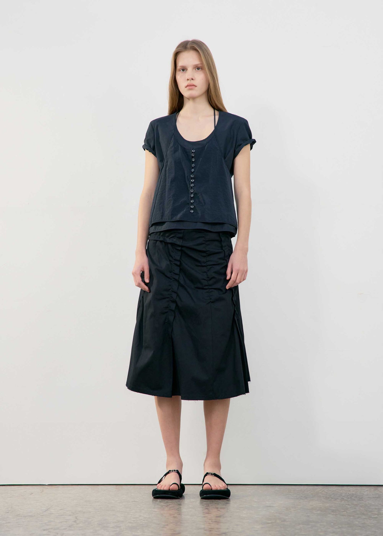 Black Asymmetric Wrinkle Midi Skirt