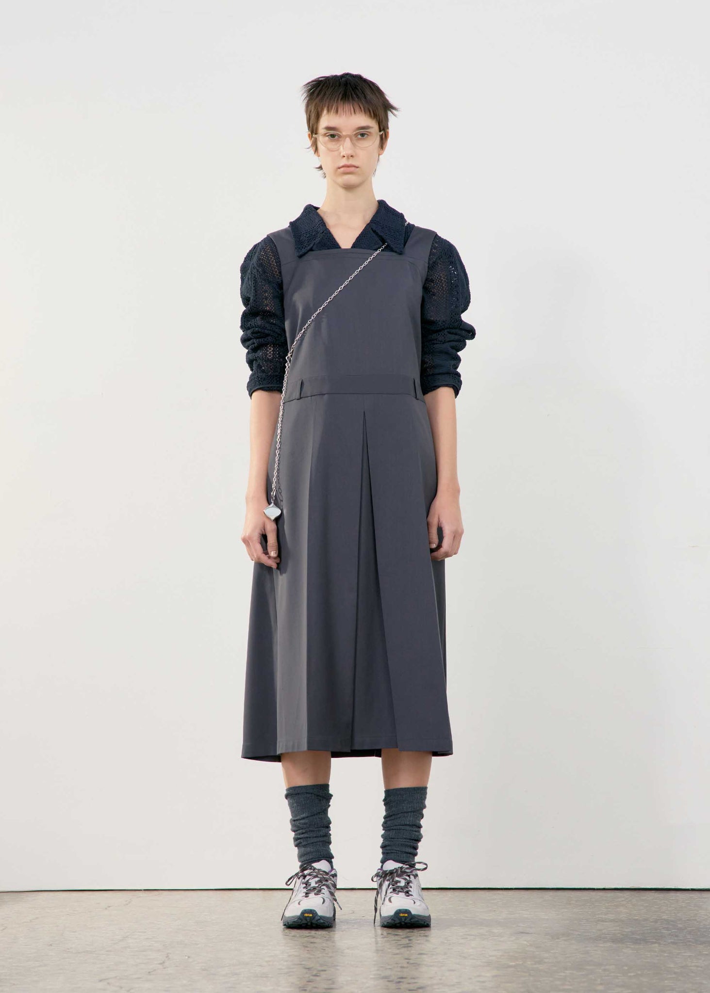 Charcoal Pleated Midi Apron Dress
