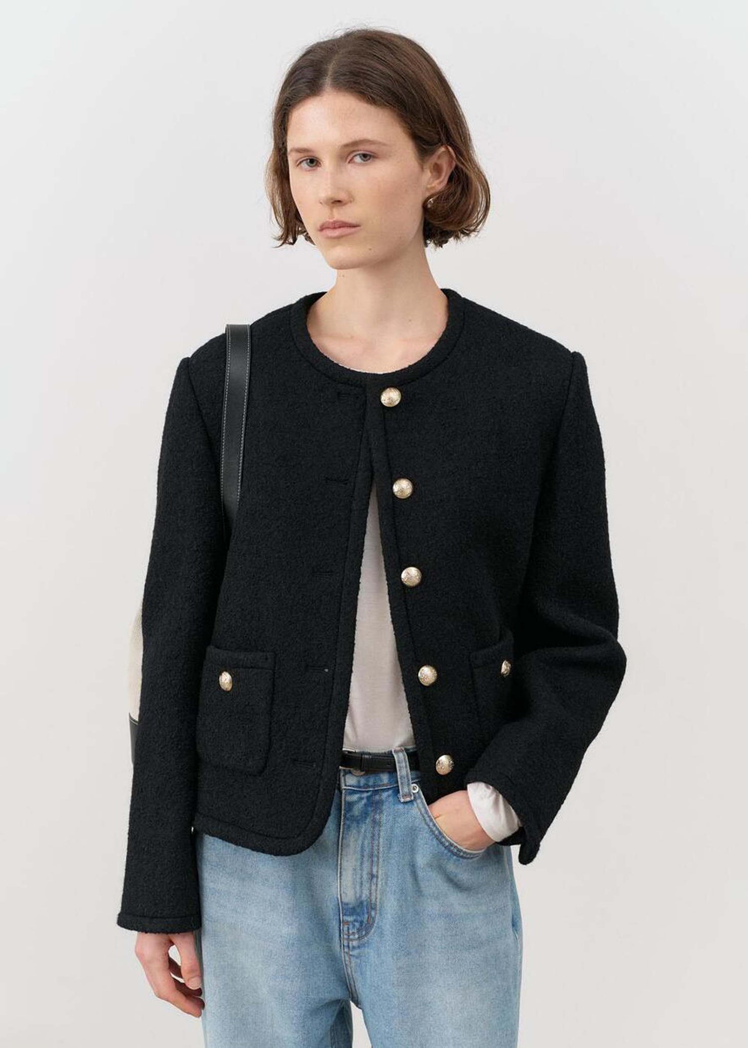 Black Boucle Tweed Collarless Jacket