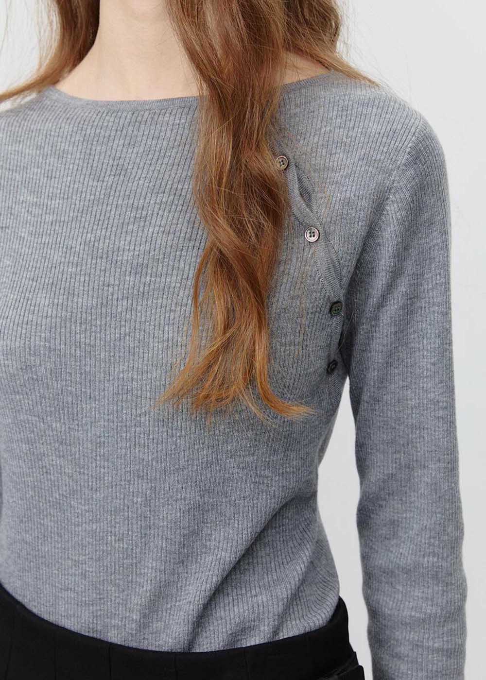Grey Asymmetric Buttoned Knit Top