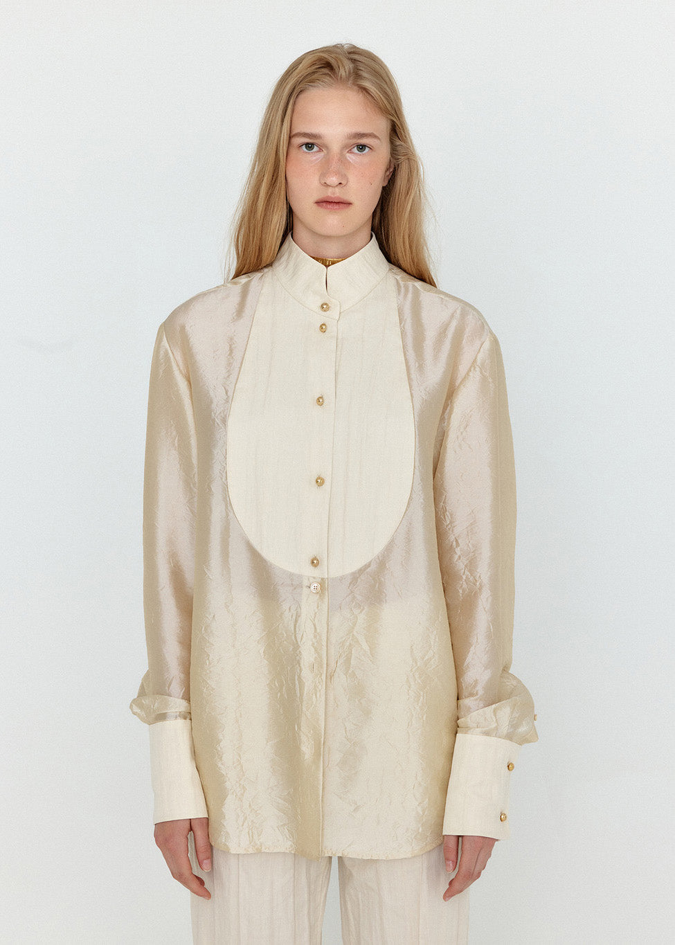 Light Beige Bib Front Silk Shirt - 157Moments