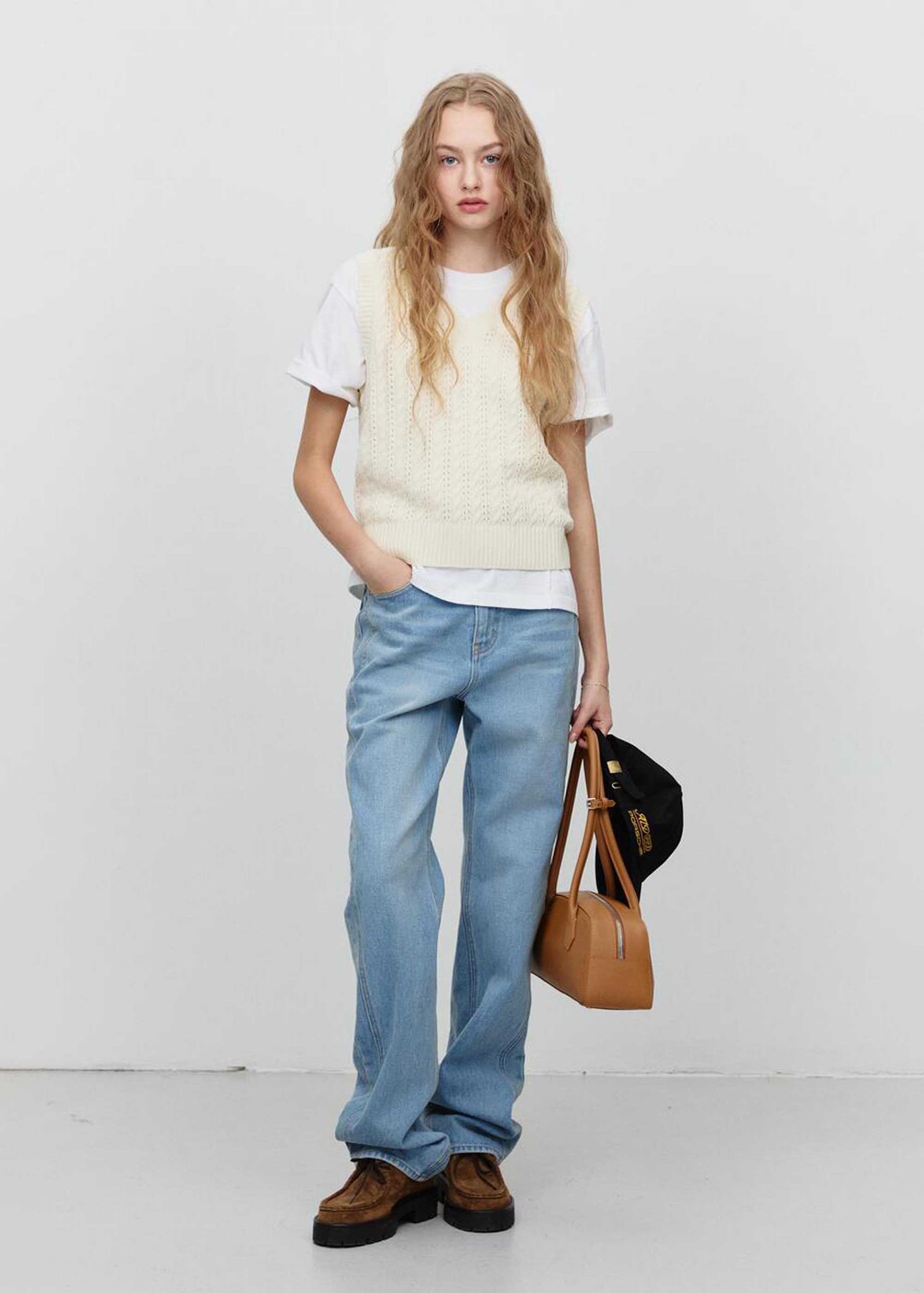 Beige Crochet-Knit V-Neck Vest