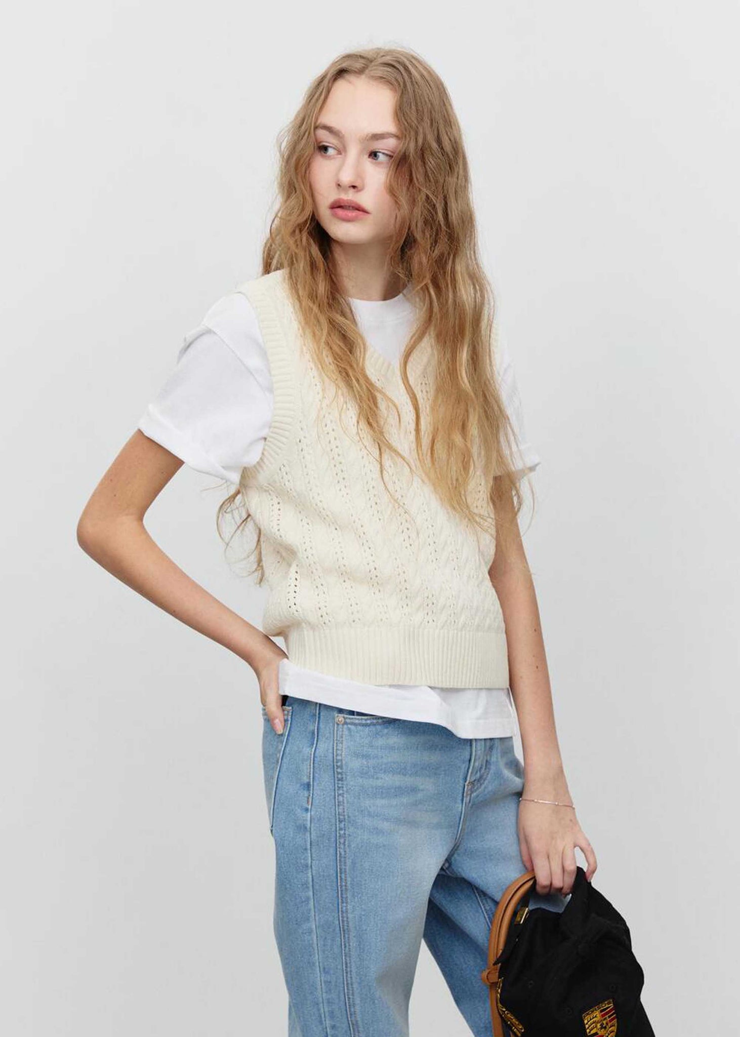Beige Crochet-Knit V-Neck Vest