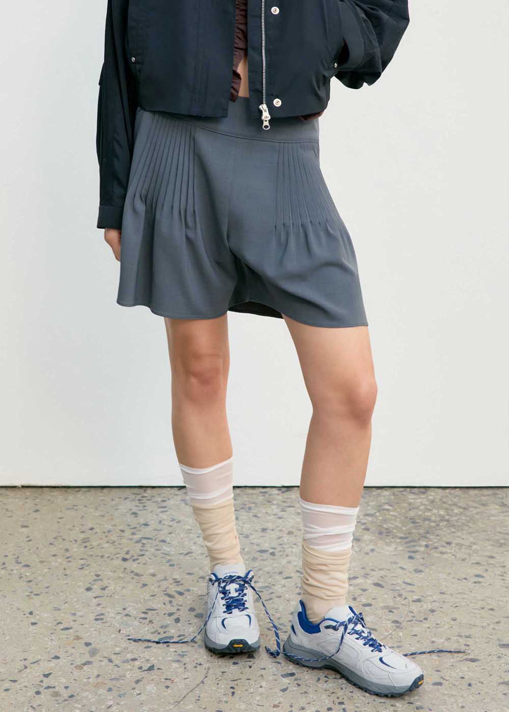 Grey Rib Pleat Shorts