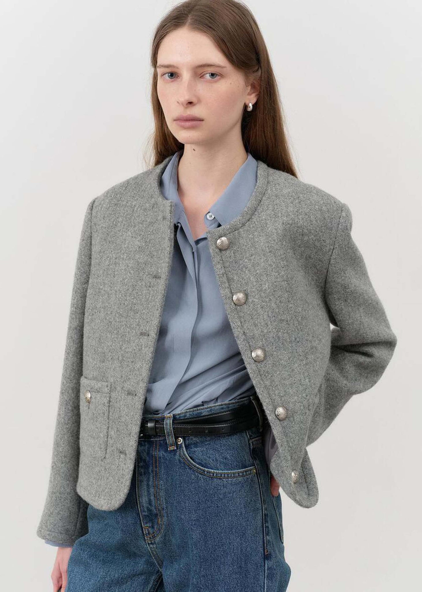 Grey Melange Tweed Collarless Jacket