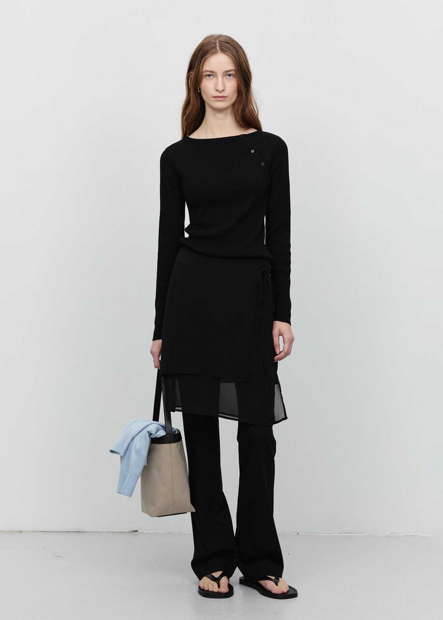 Black Asymmetric Buttoned Knit Top