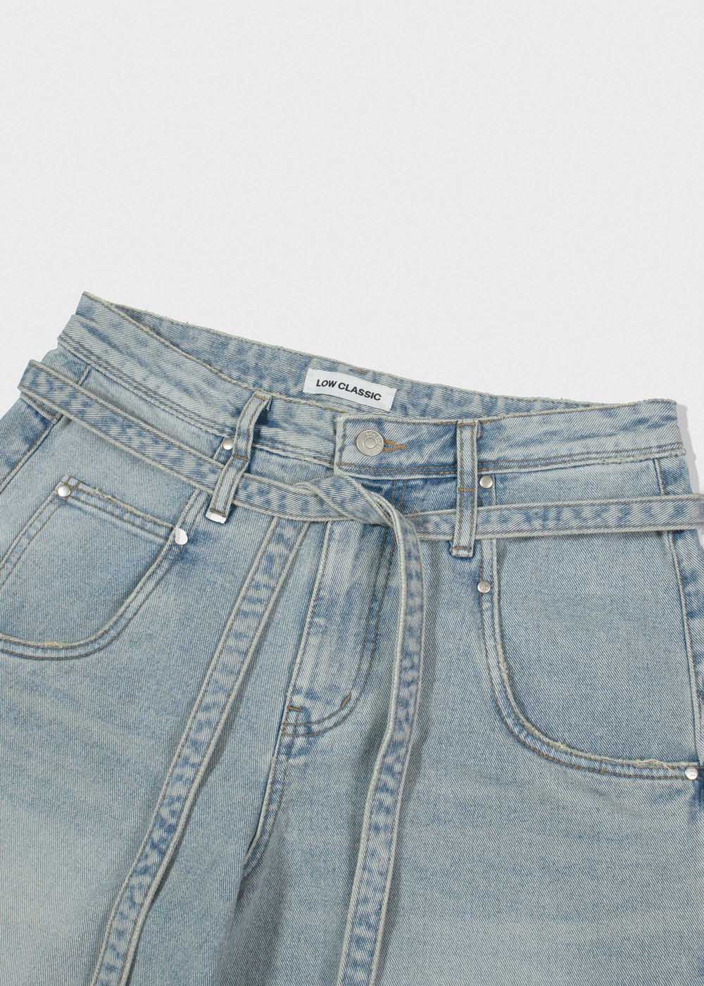 Light Blue Belted Denim Bermuda Shorts