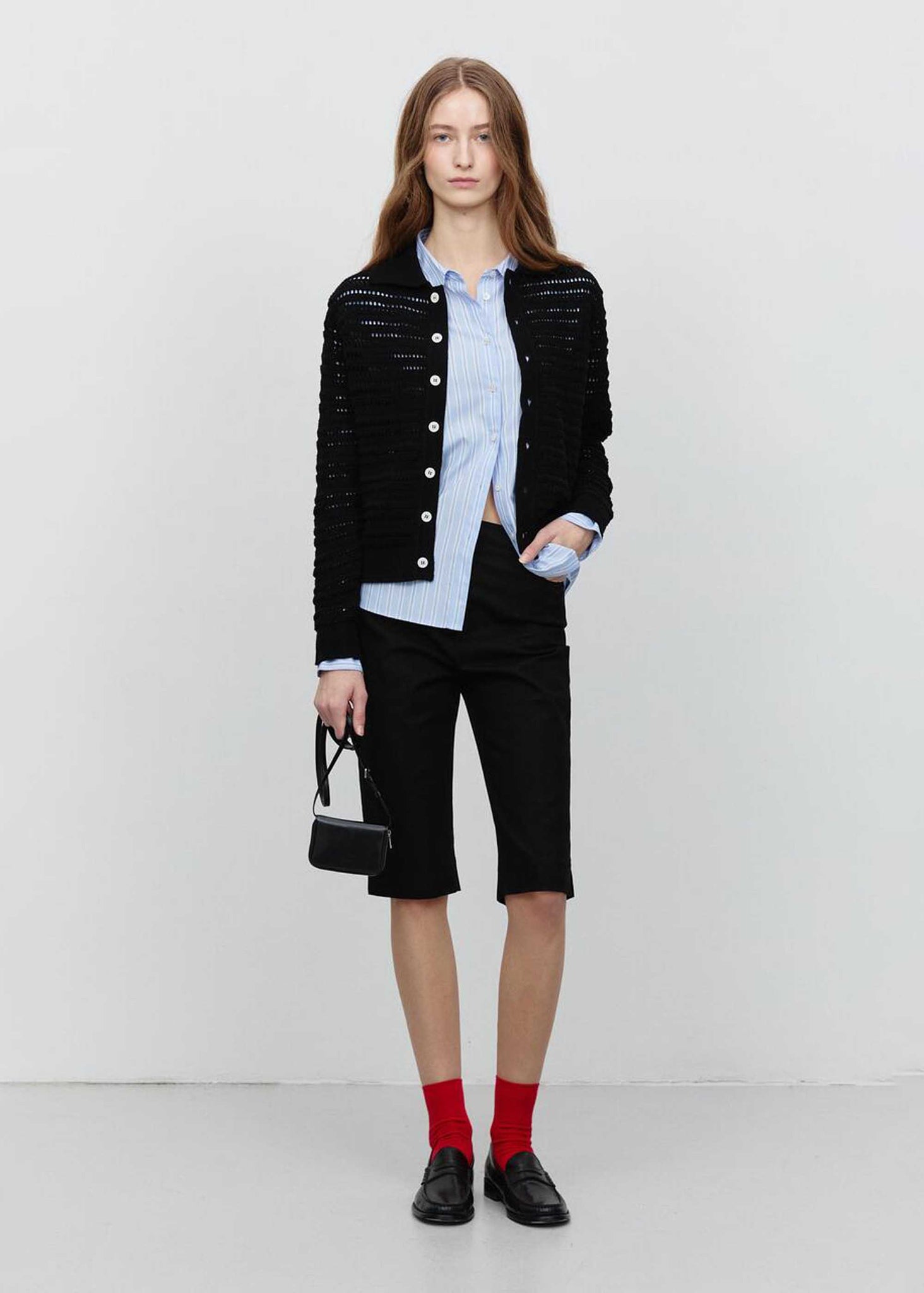 Black Open-Knit Collared Cardigan