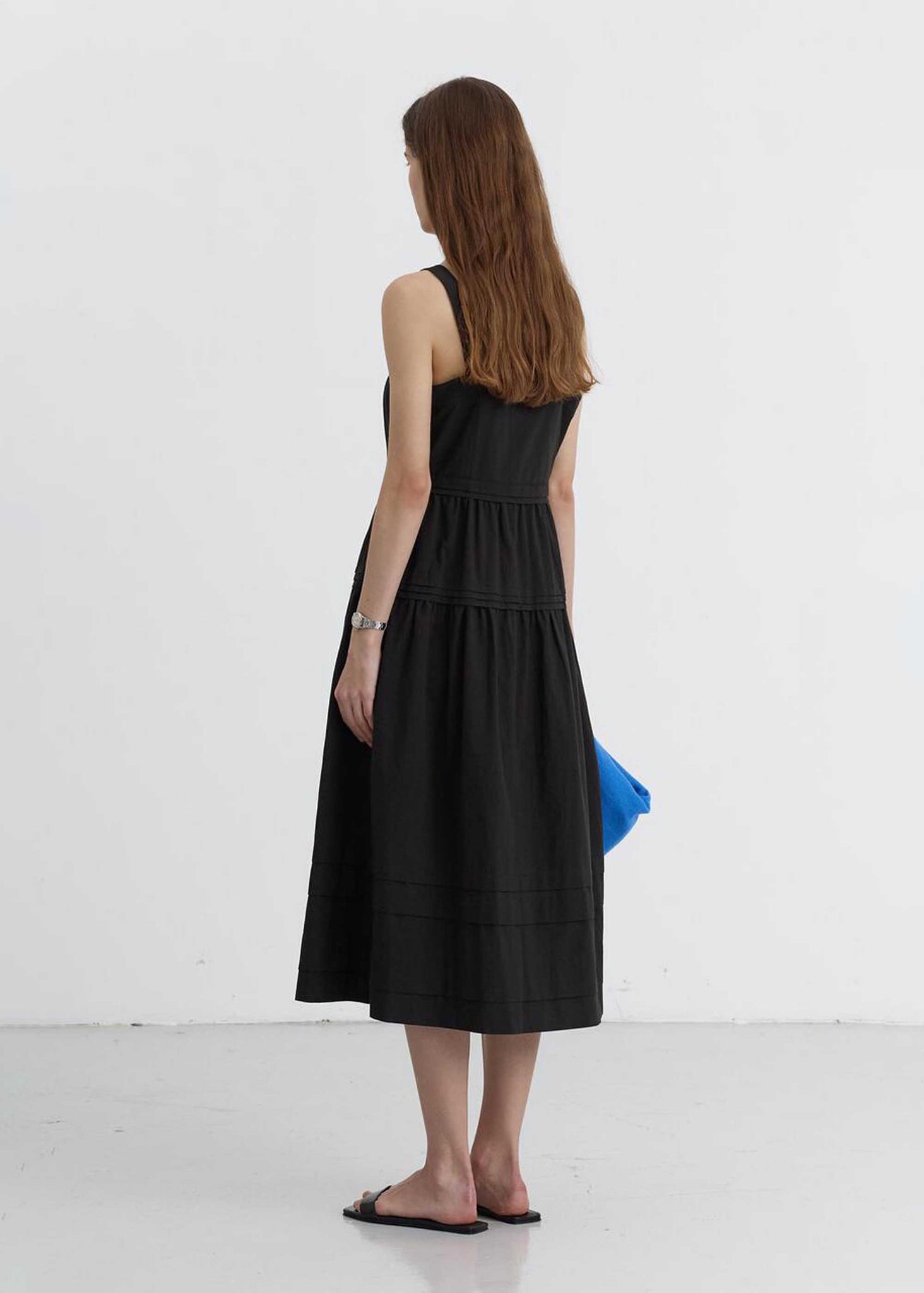 Black Square-Neck Buttoned Midi Dress