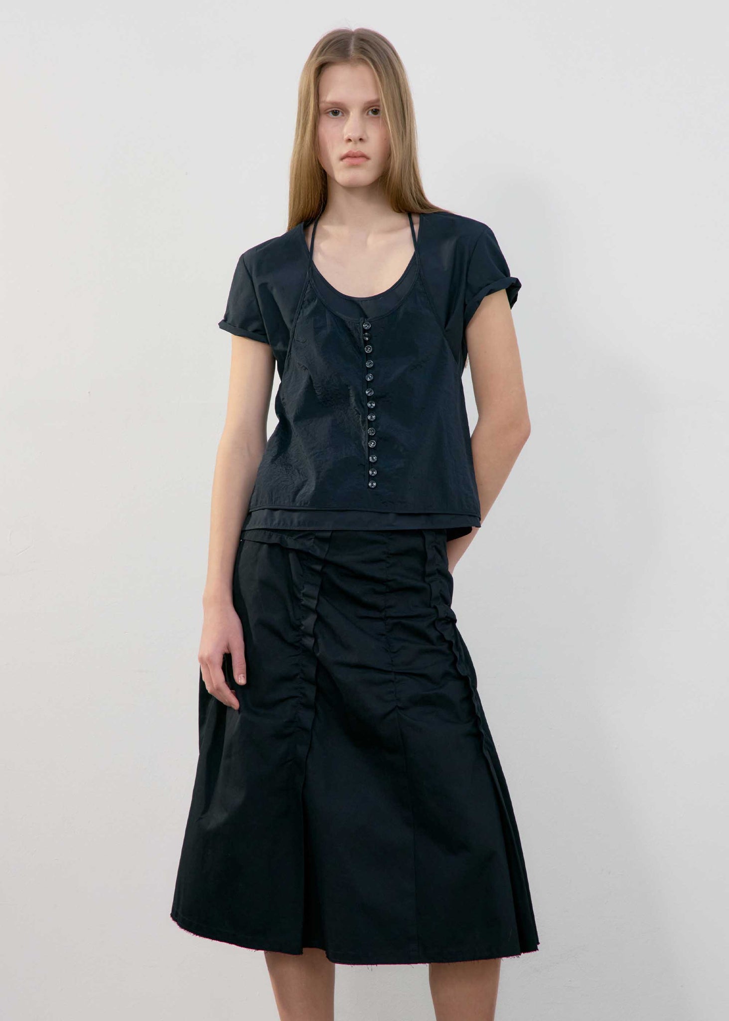 Black Asymmetric Wrinkle Midi Skirt