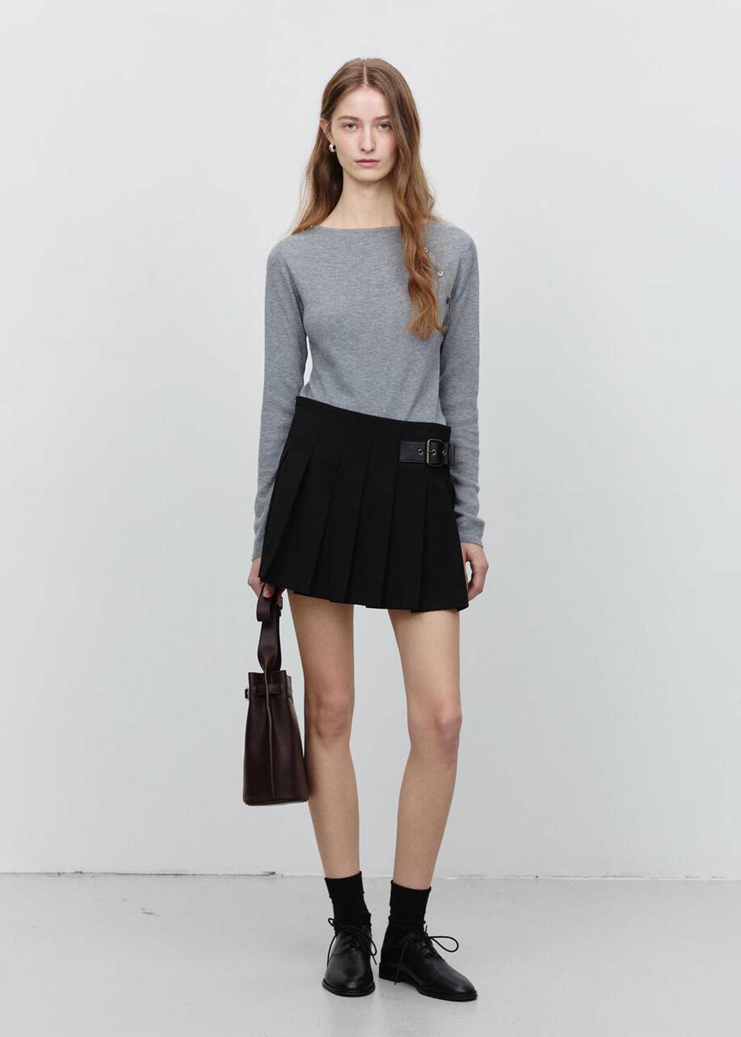 Grey Asymmetric Buttoned Knit Top