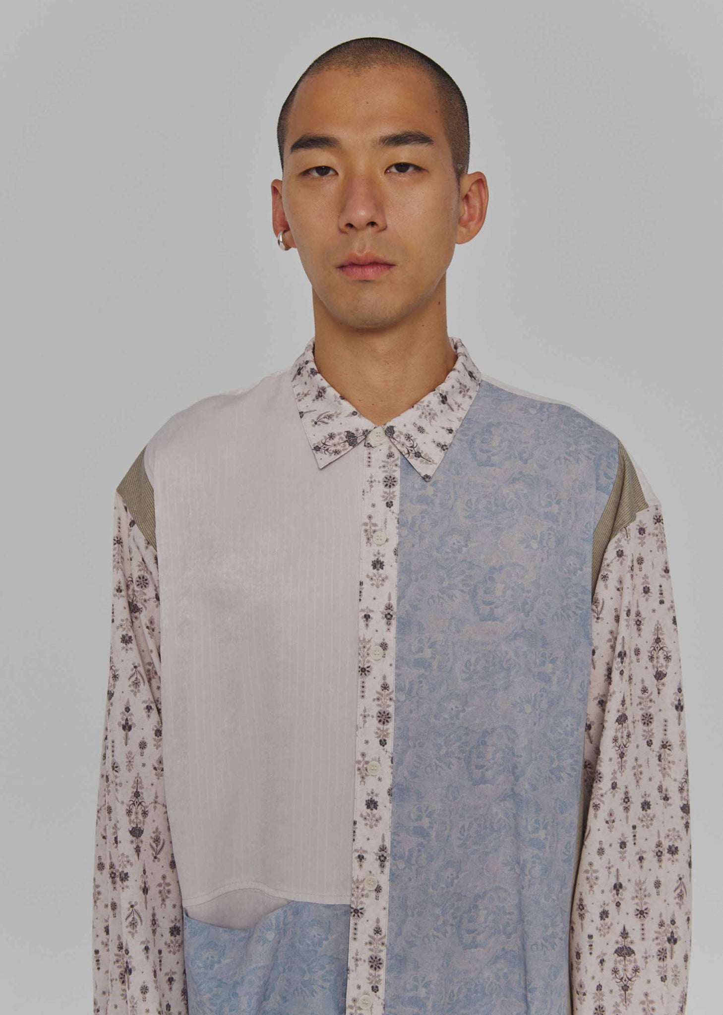 Blue and White Patchwork Button-Up