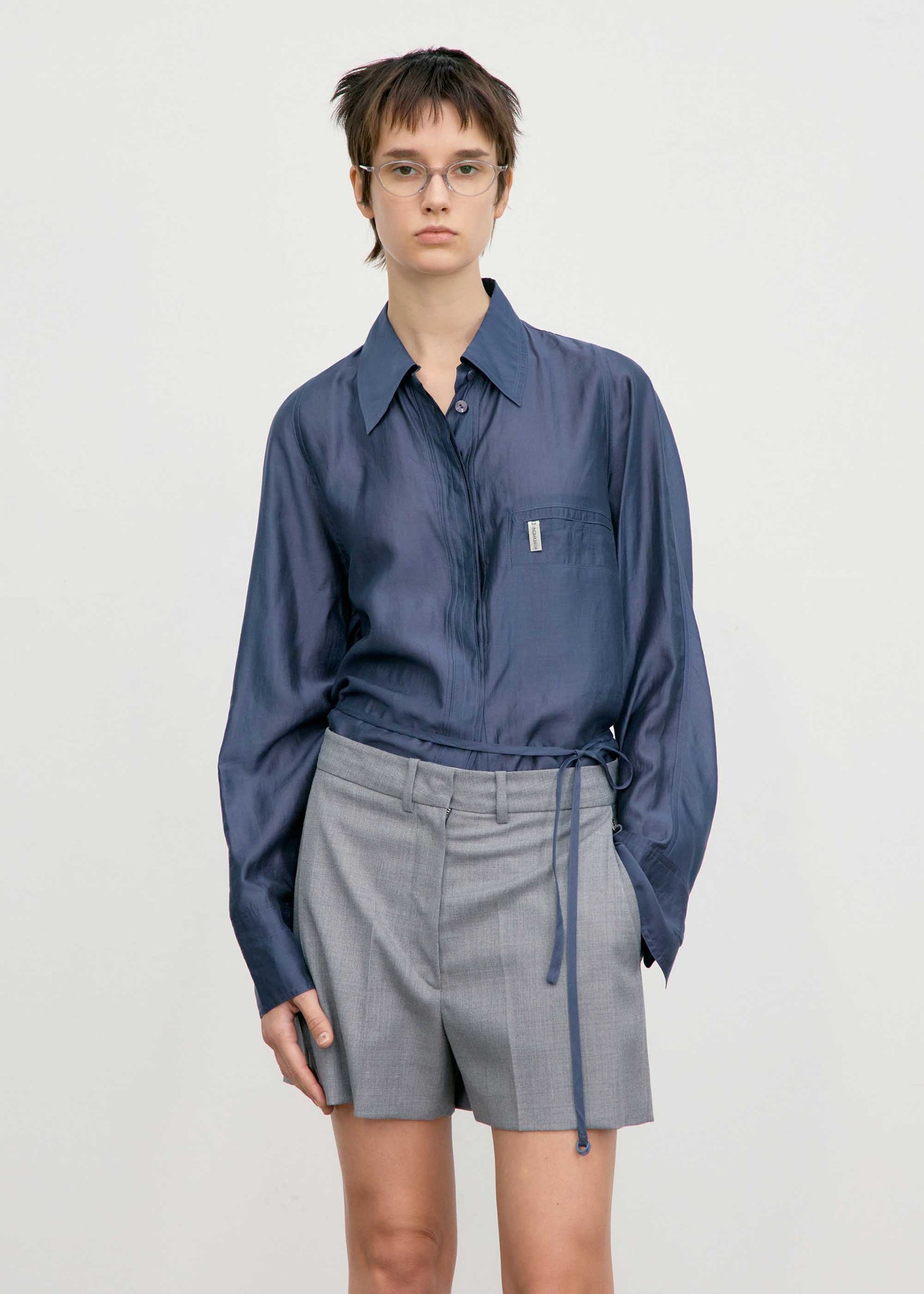 Navy Semi-Sheer Belted Shirt